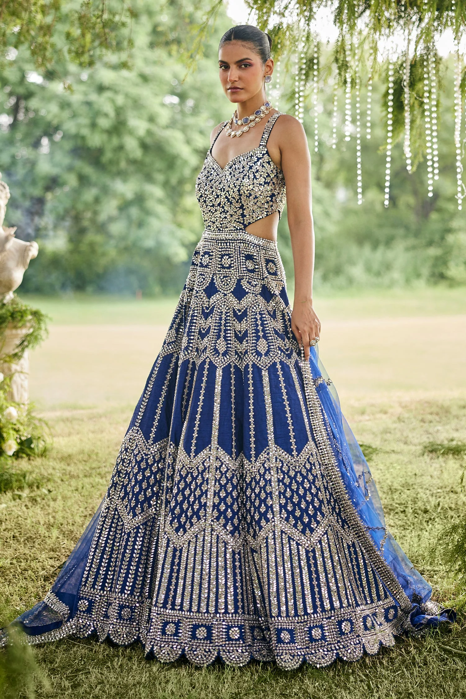 Blue Raw Silk Mirror Beaded Work Designer Side Cut Out Gown - Image 2