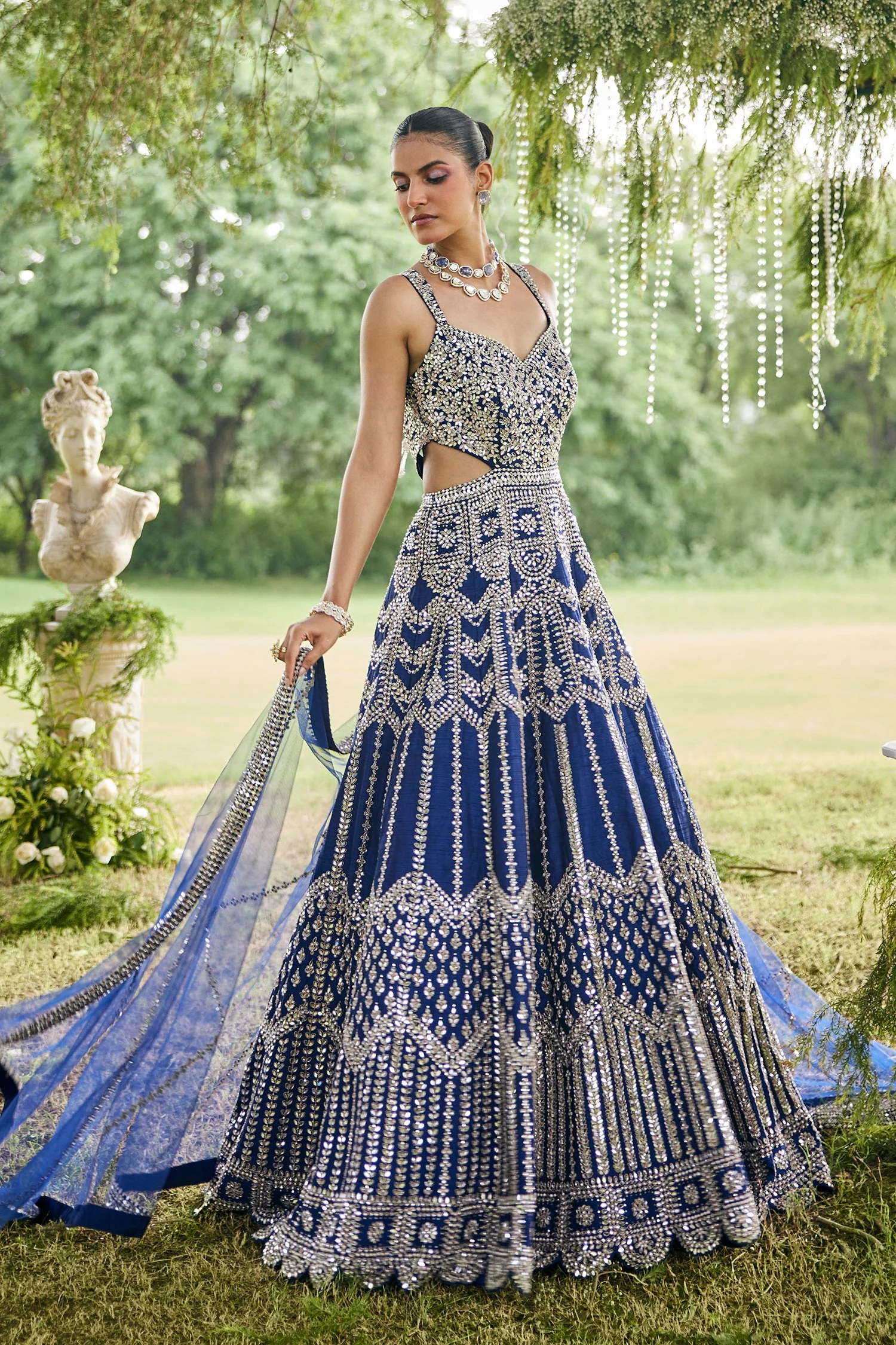 Blue Raw Silk Mirror Beaded Work Designer Side Cut Out Gown - Image 3