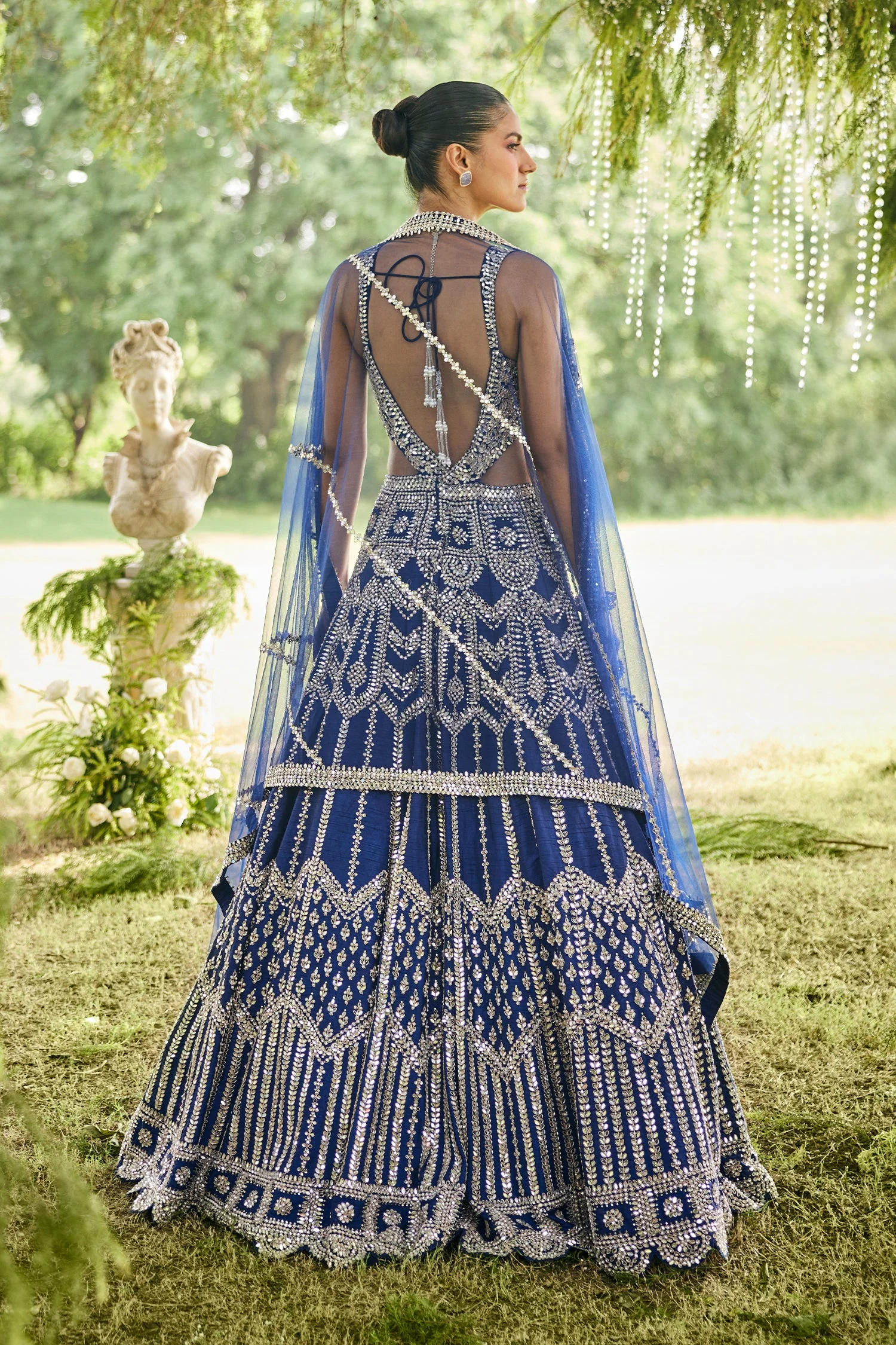 Blue Raw Silk Mirror Beaded Work Designer Side Cut Out Gown - Image 4