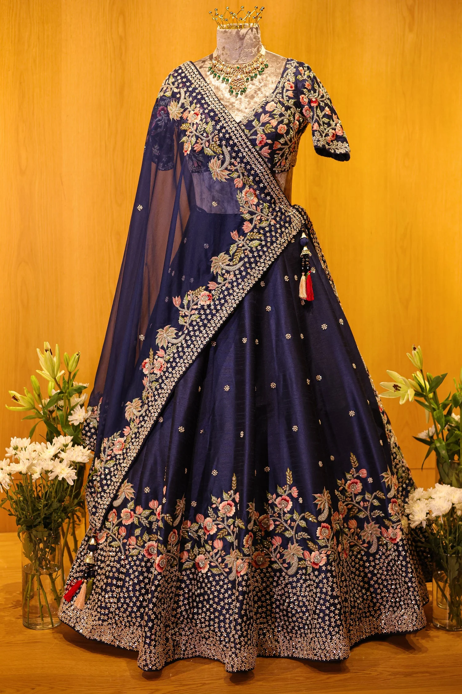 Blue Silk Embellished Floral Embroidered and Cutdana Beaded Work Lehenga - Image 3