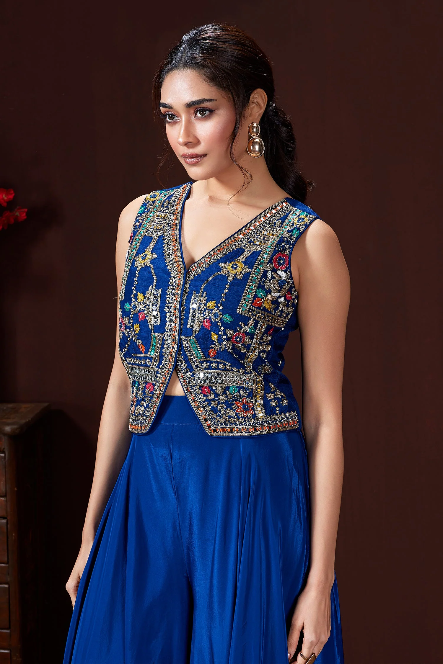 Blue Silk Embroidered and Mirror Worked Crop Top Palazzo Set with Shell Detailing - Image 3