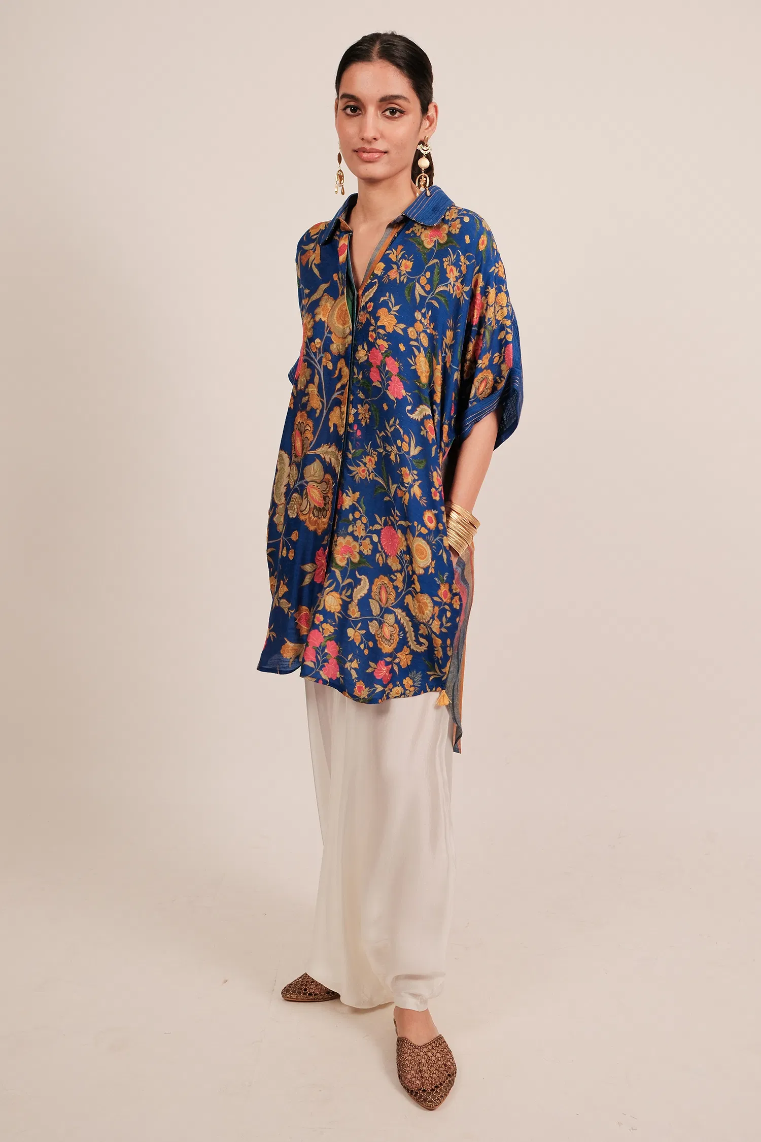 Blue Silk Floral Printed High and Low Top with Pocket - Image 3