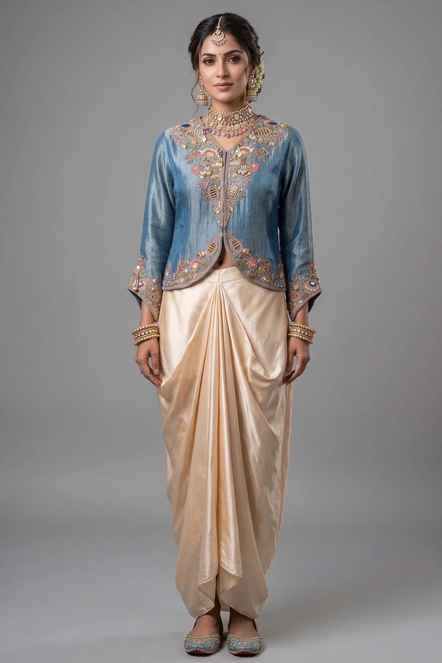 Blue Tissue Silk Embroidered Crop Top and Draped Skirt