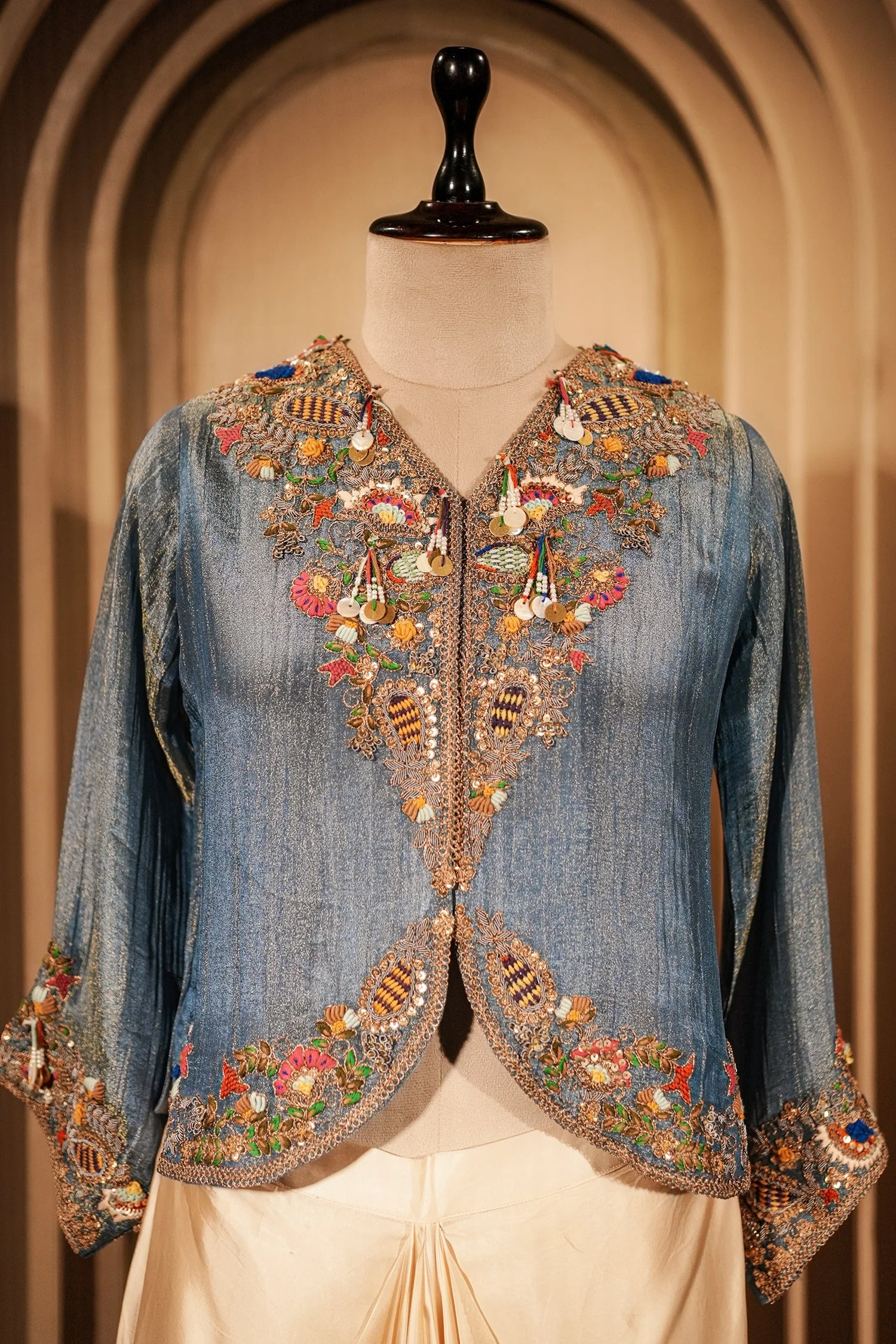 Blue Tissue Silk Embroidered Crop Top and Draped Skirt - Image 3