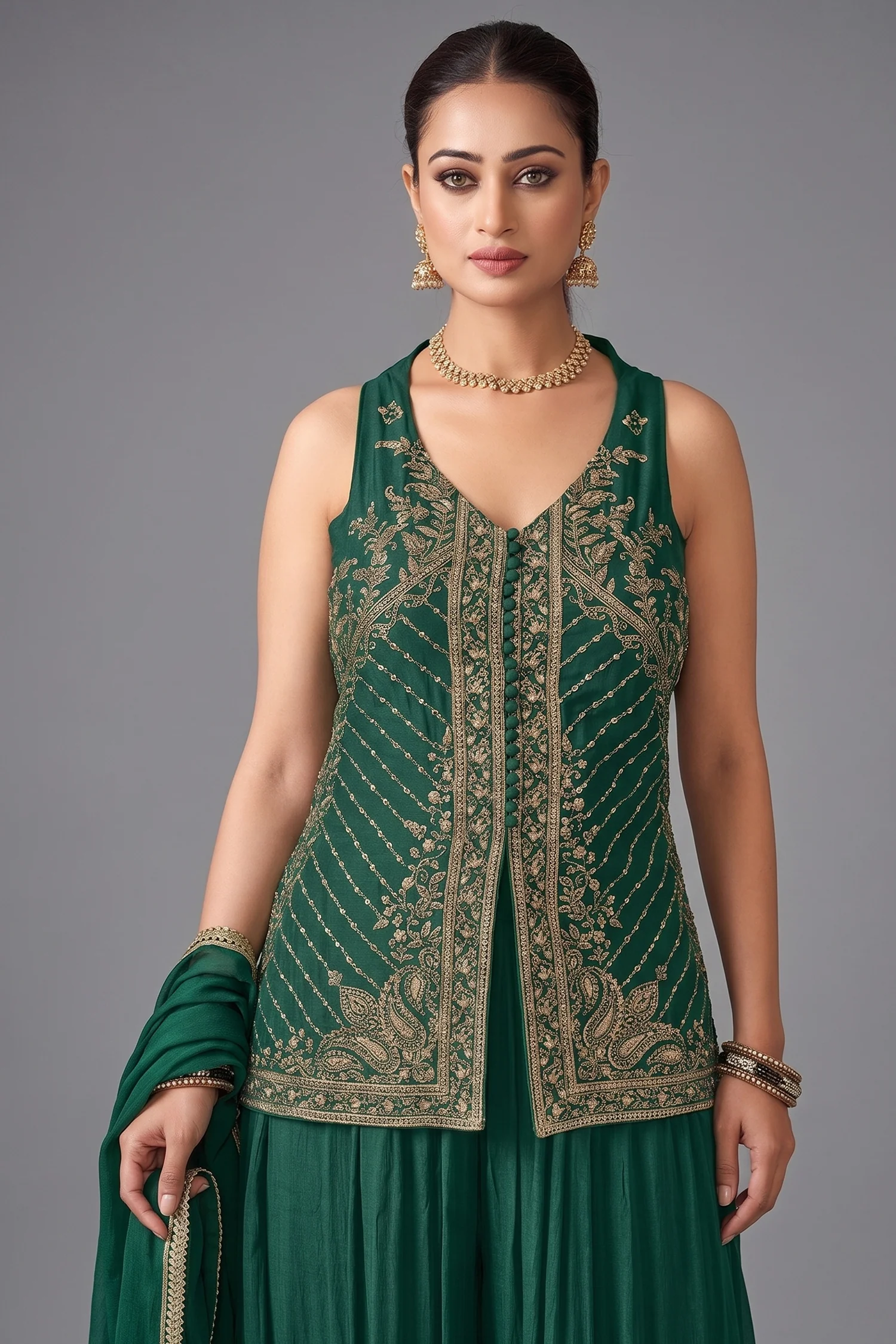 Bottle Green Art Silk Woven Palazzo Suit with Sequin Cutdana Work - Image 2
