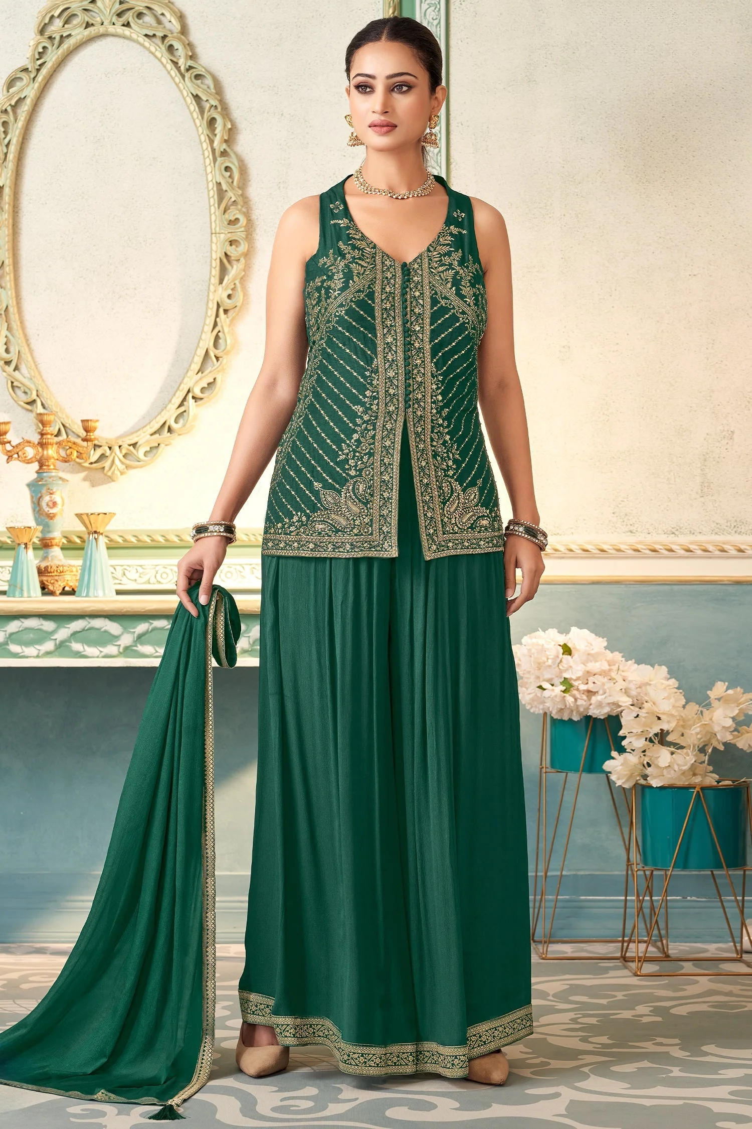 Bottle Green Art Silk Woven Palazzo Suit with Sequin Cutdana Work - Image 3