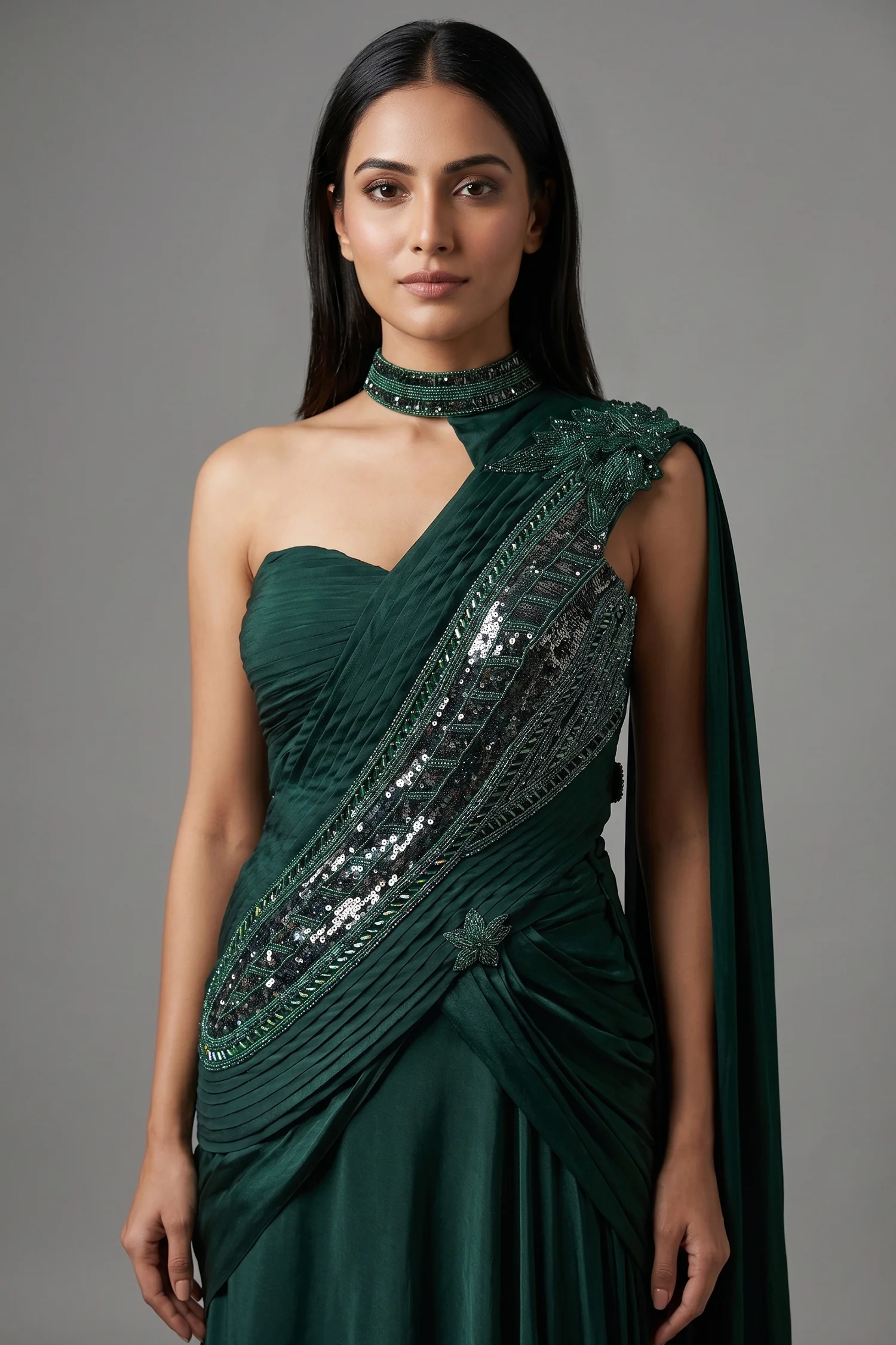 Bottle Green Chinon Silk Indo Western Set - Image 2