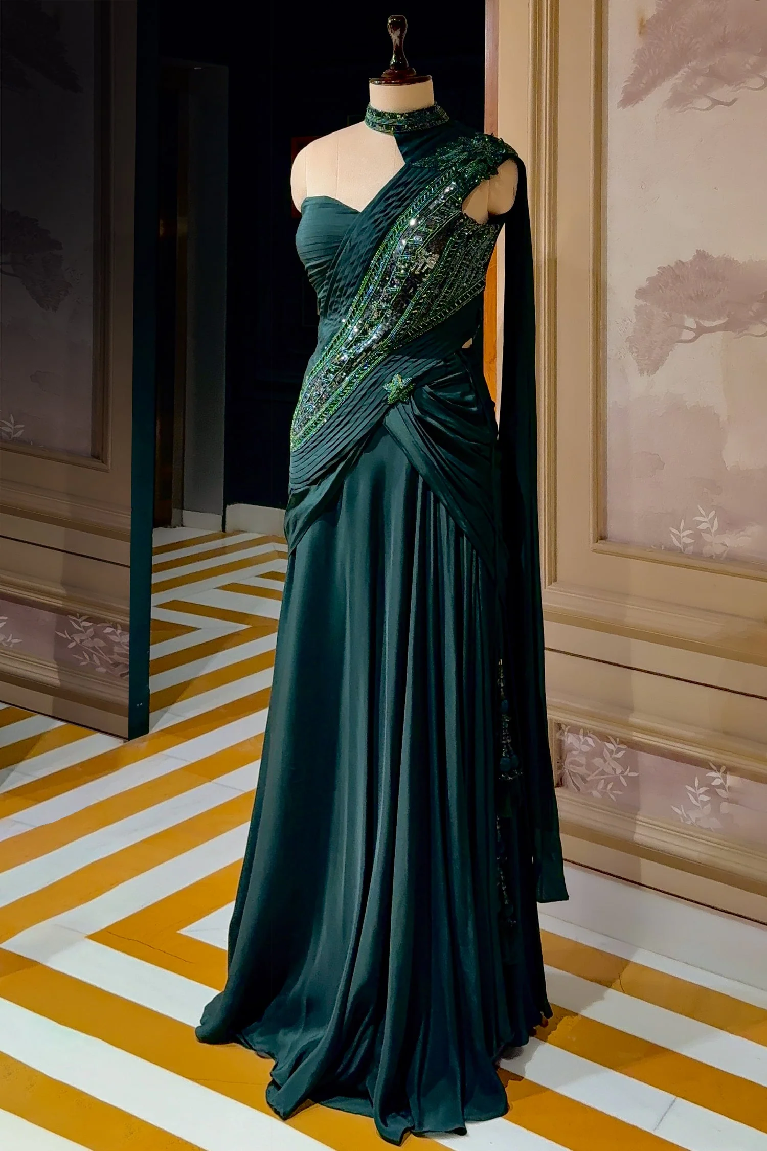 Bottle Green Chinon Silk Indo Western Set - Image 3
