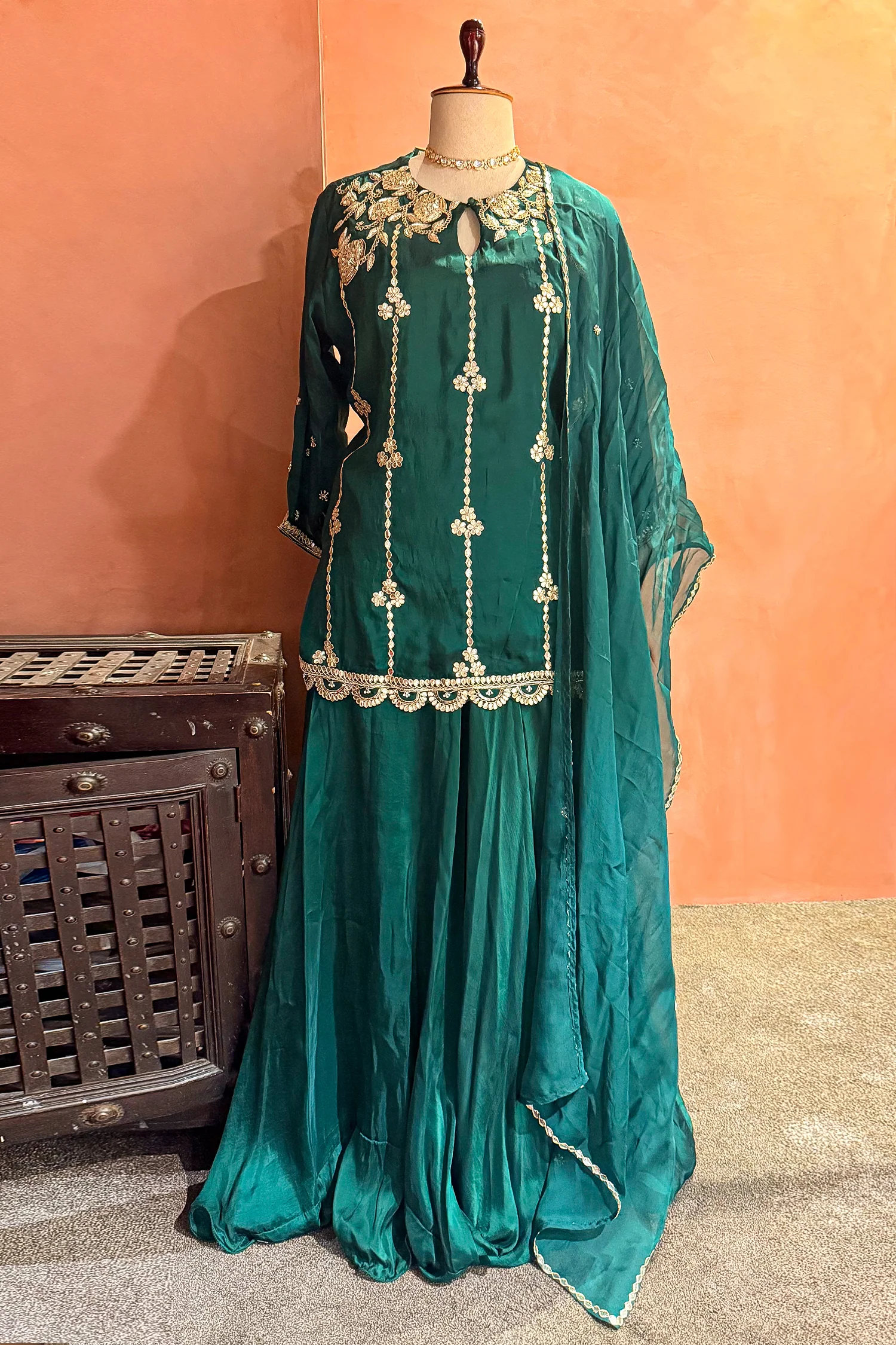 Bottle Green Satin Organza Gota Worked Lehenga Suit - Image 2