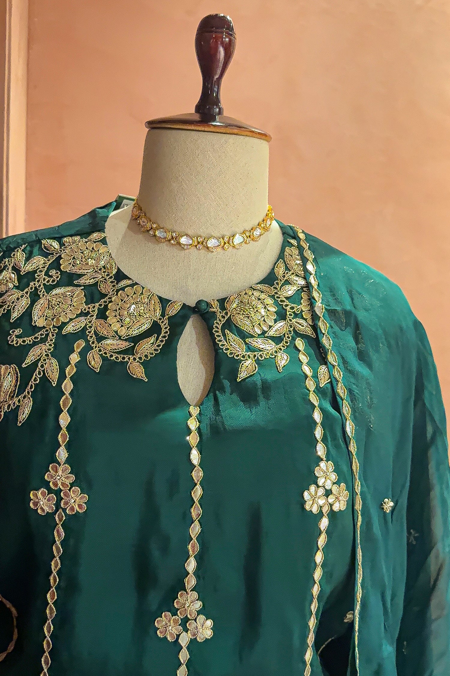 Bottle Green Satin Organza Gota Worked Lehenga Suit - Image 3