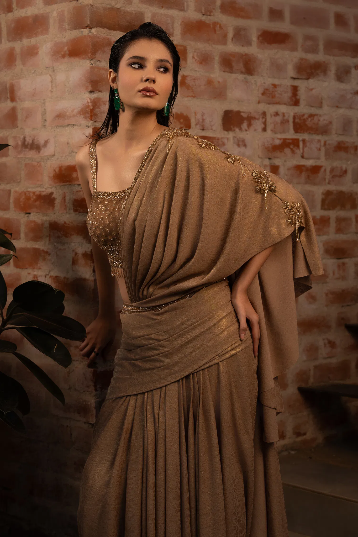 Brown Lycra Fancy Ready to Wear Saree with Sequin and Cutdana Work - Image 5