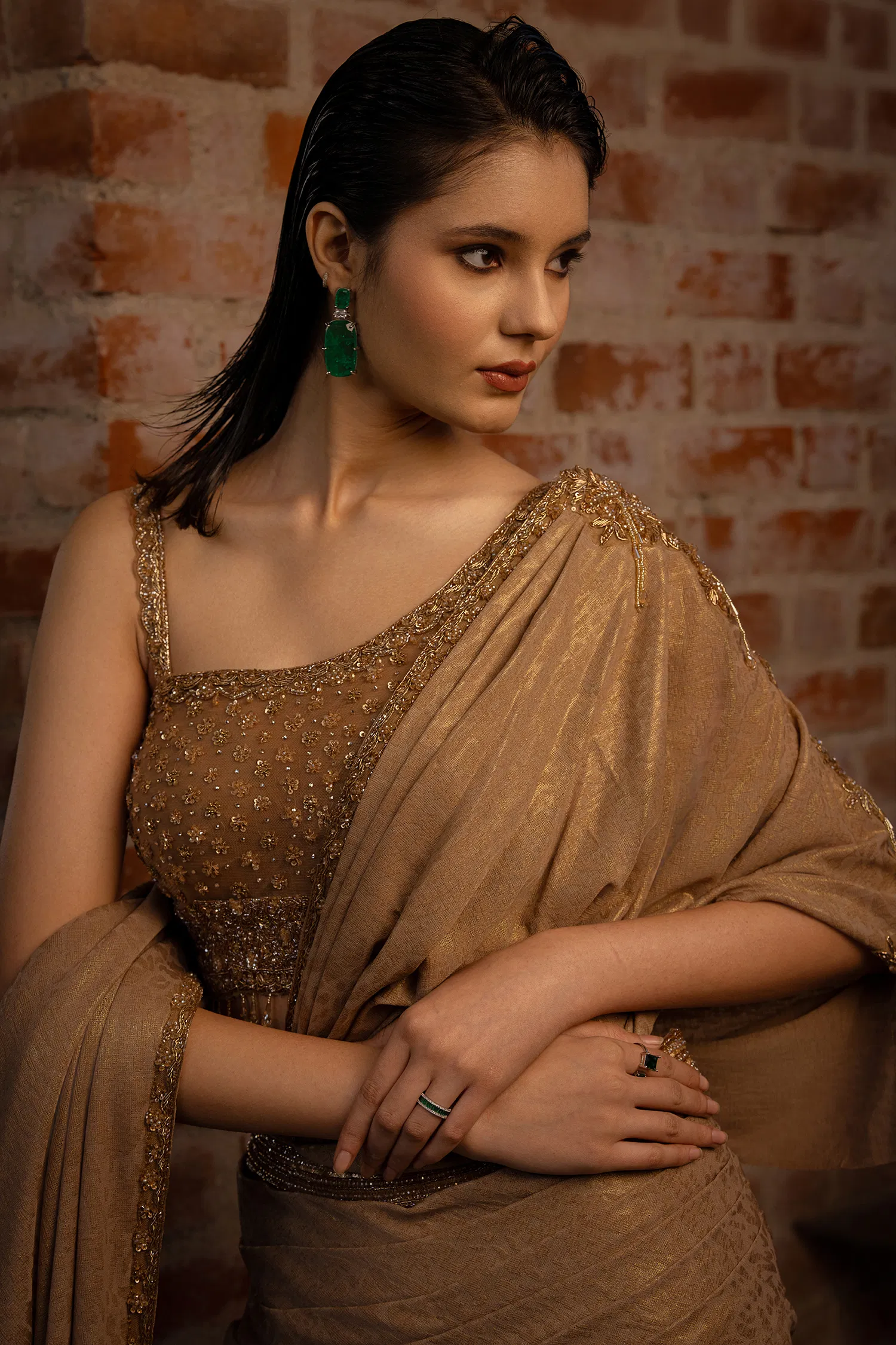 Brown Lycra Fancy Ready to Wear Saree with Sequin and Cutdana Work - Image 6