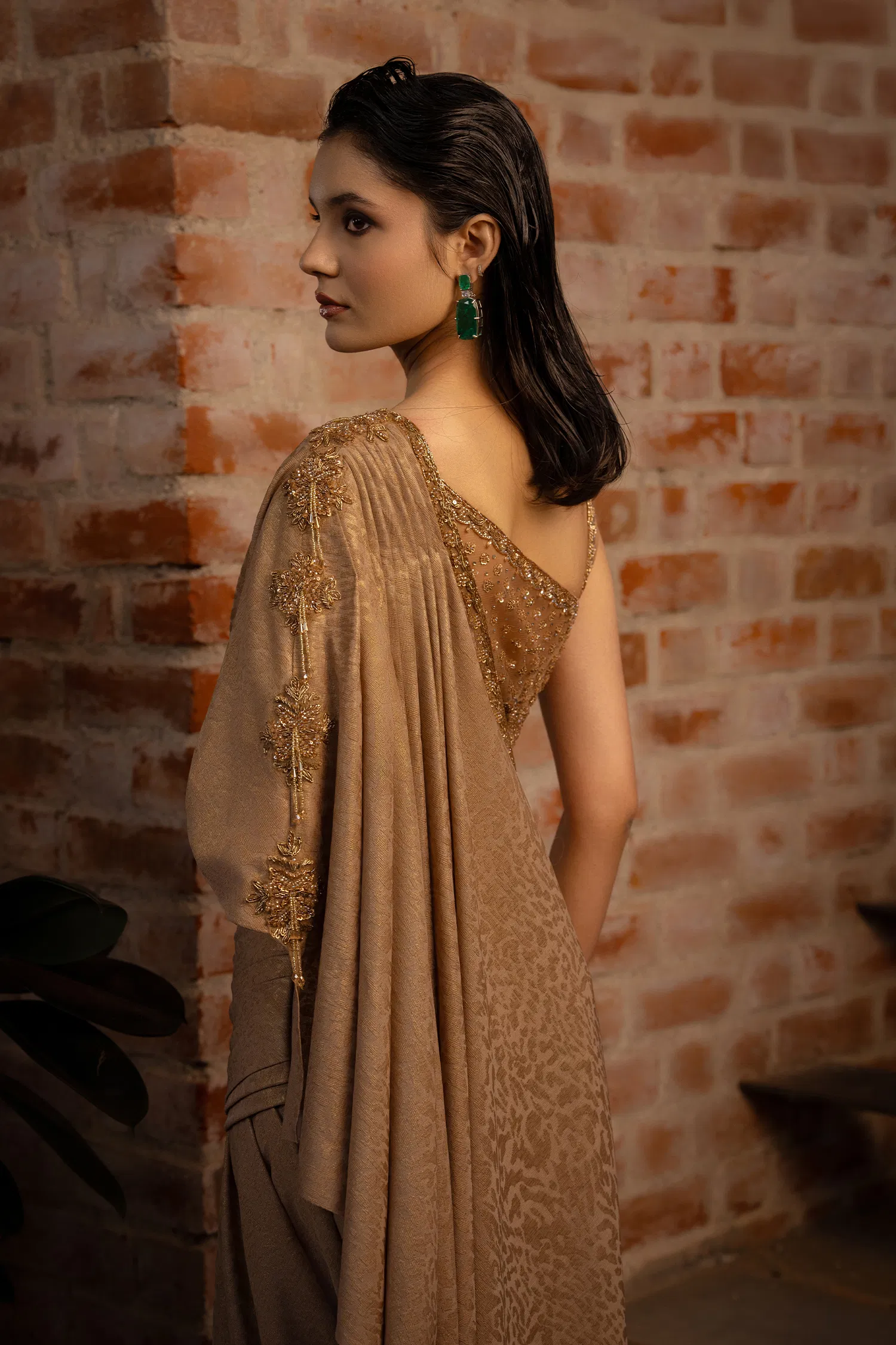 Brown Lycra Fancy Ready to Wear Saree with Sequin and Cutdana Work - Image 7