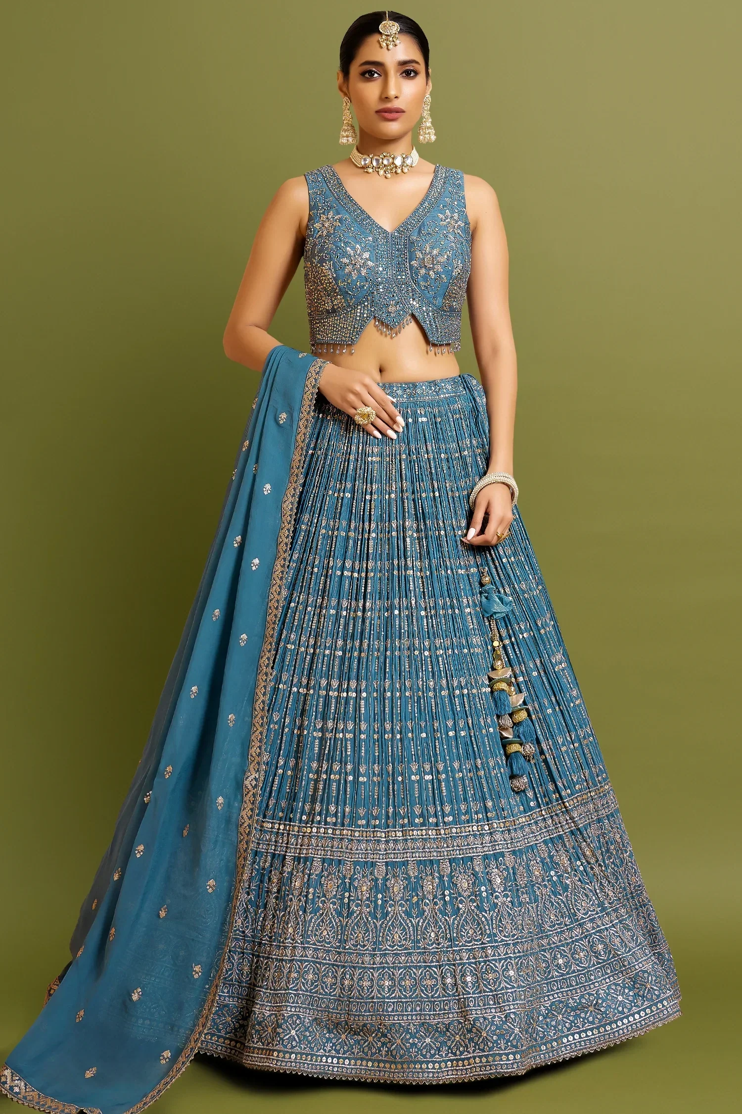 Carolina Blue Chinon Georgette Sequin and Zari Embroidered Flared Lehenga