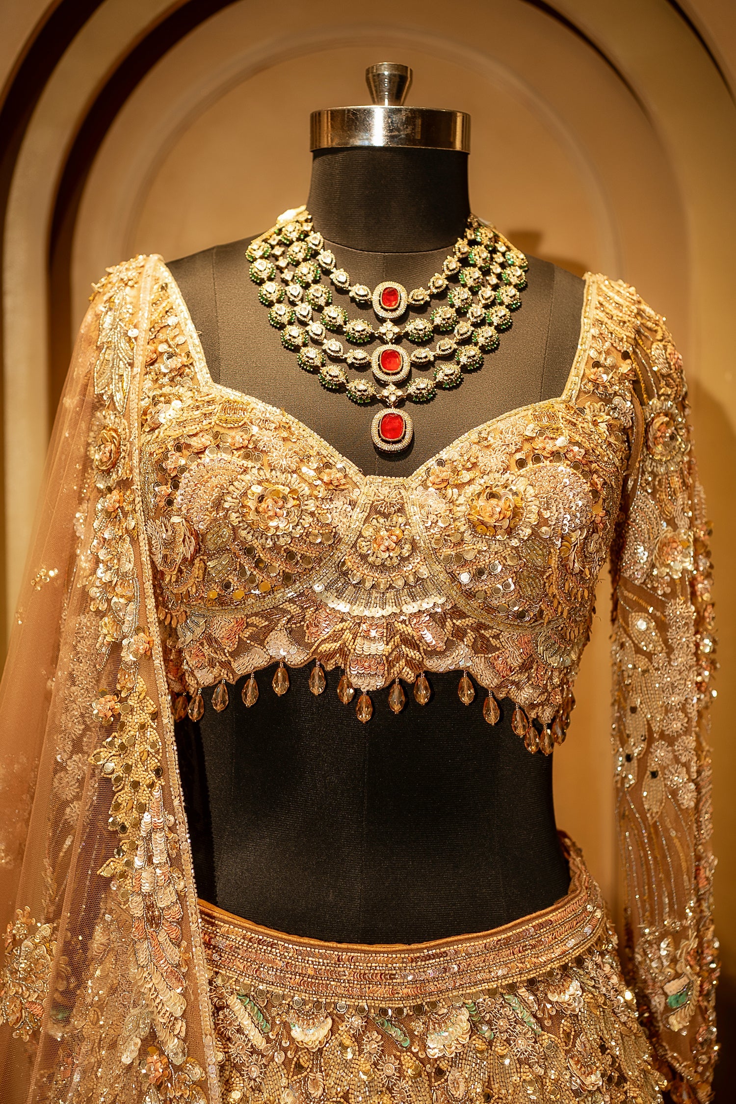 Champagne Beige Net Embellished Designer Lehenga - Image 3
