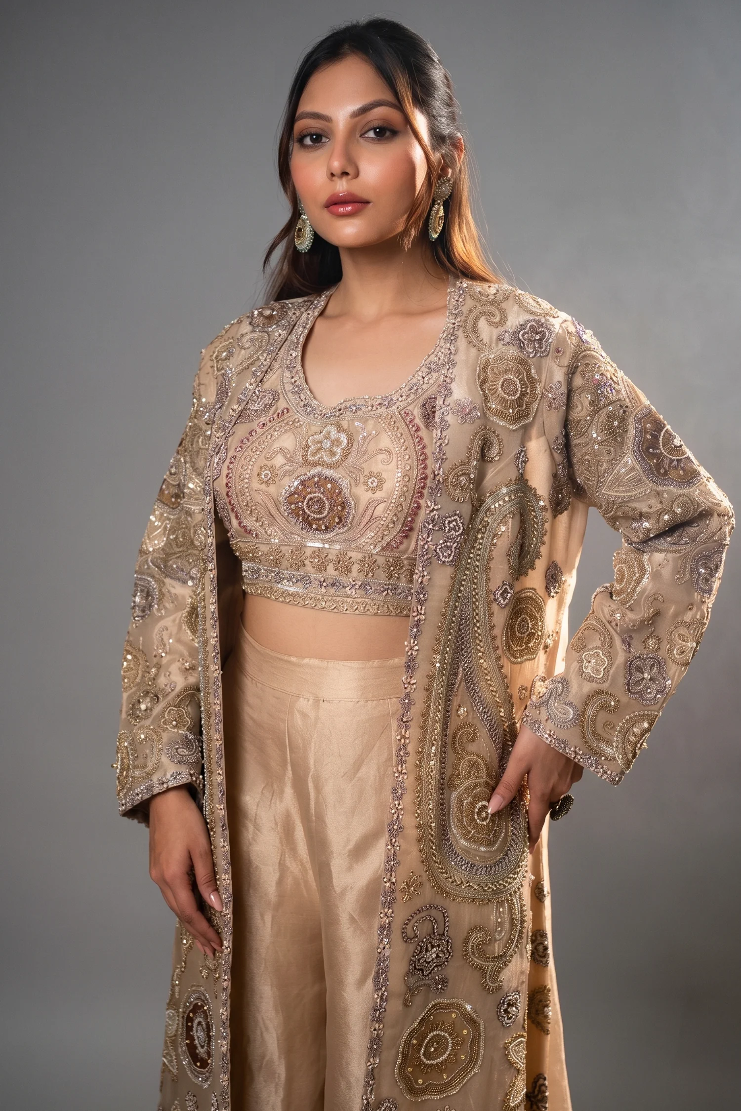 Champagne Beige Sequinned and Beaded Crop Top Palazzo Set with Long Jacket - Image 2