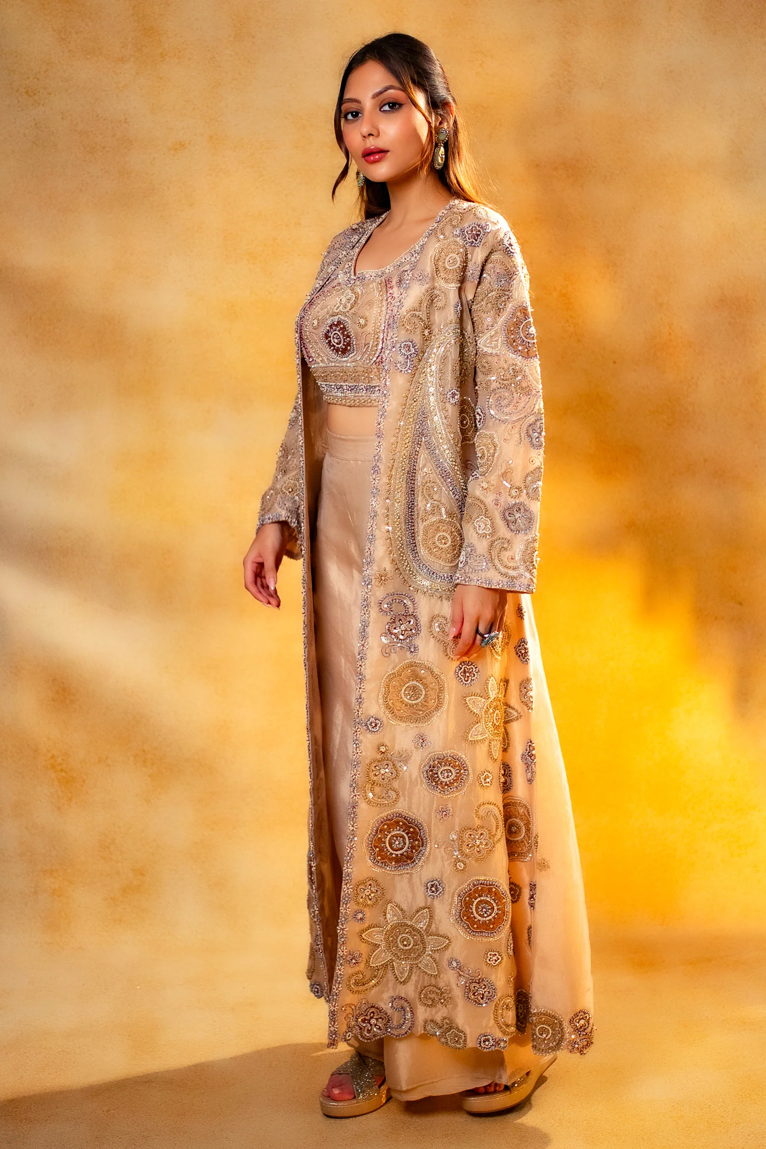 Champagne Beige Sequinned and Beaded Crop Top Palazzo Set with Long Jacket - Image 4