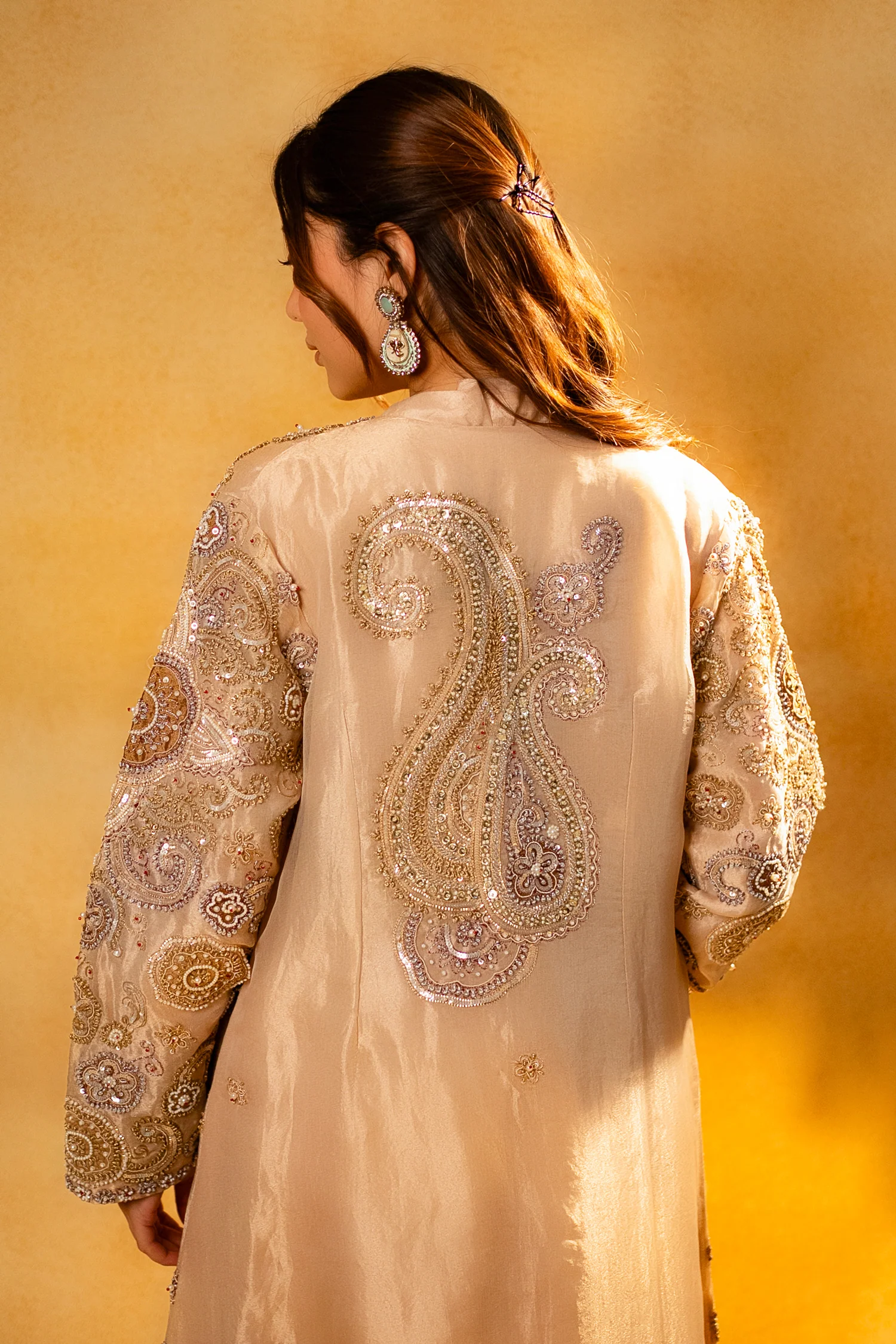 Champagne Beige Sequinned and Beaded Crop Top Palazzo Set with Long Jacket - Image 7