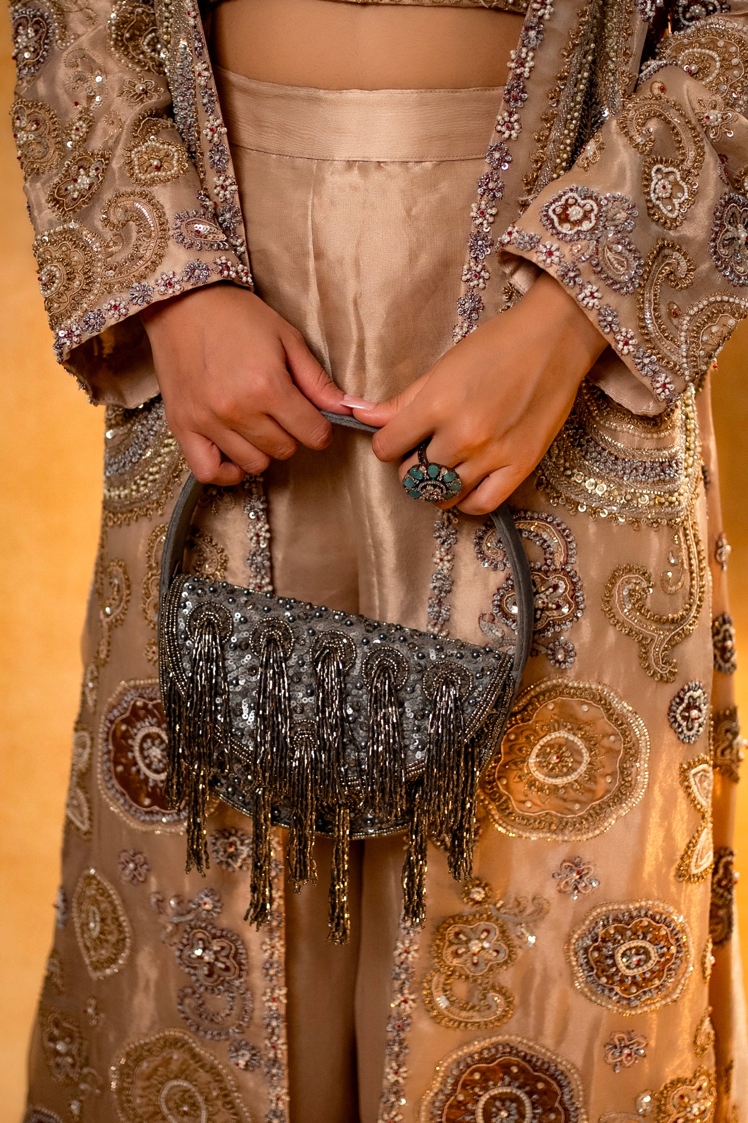 Champagne Beige Sequinned and Beaded Crop Top Palazzo Set with Long Jacket - Image 9