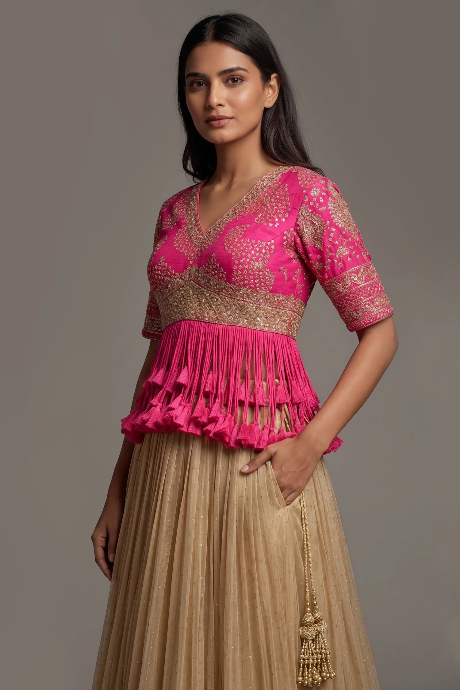 Champagne Beige Tissue Lehenga with Dramatic Tasselled Bandhej Crop Top Set - Image 2