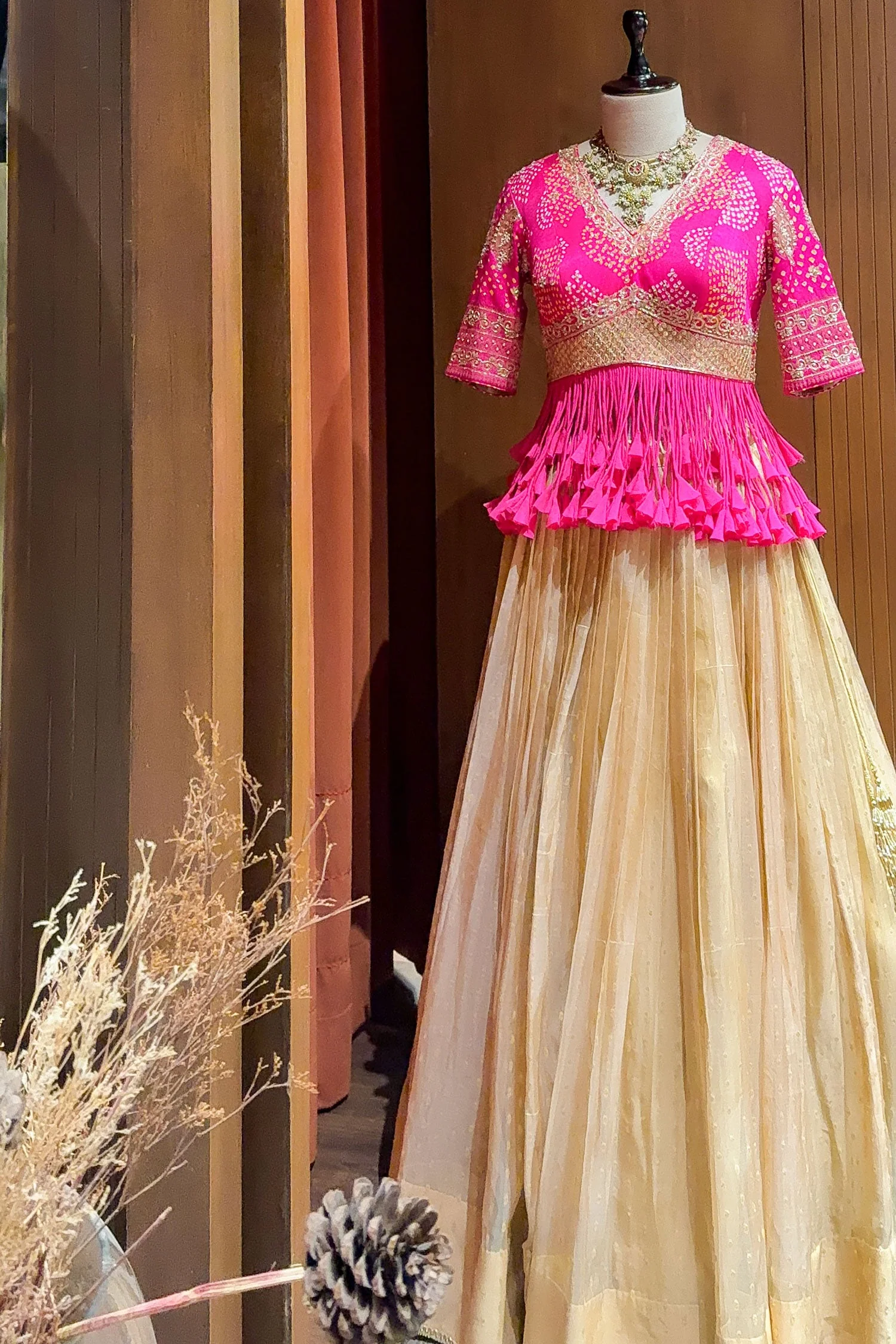Champagne Beige Tissue Lehenga with Dramatic Tasselled Bandhej Crop Top Set - Image 3