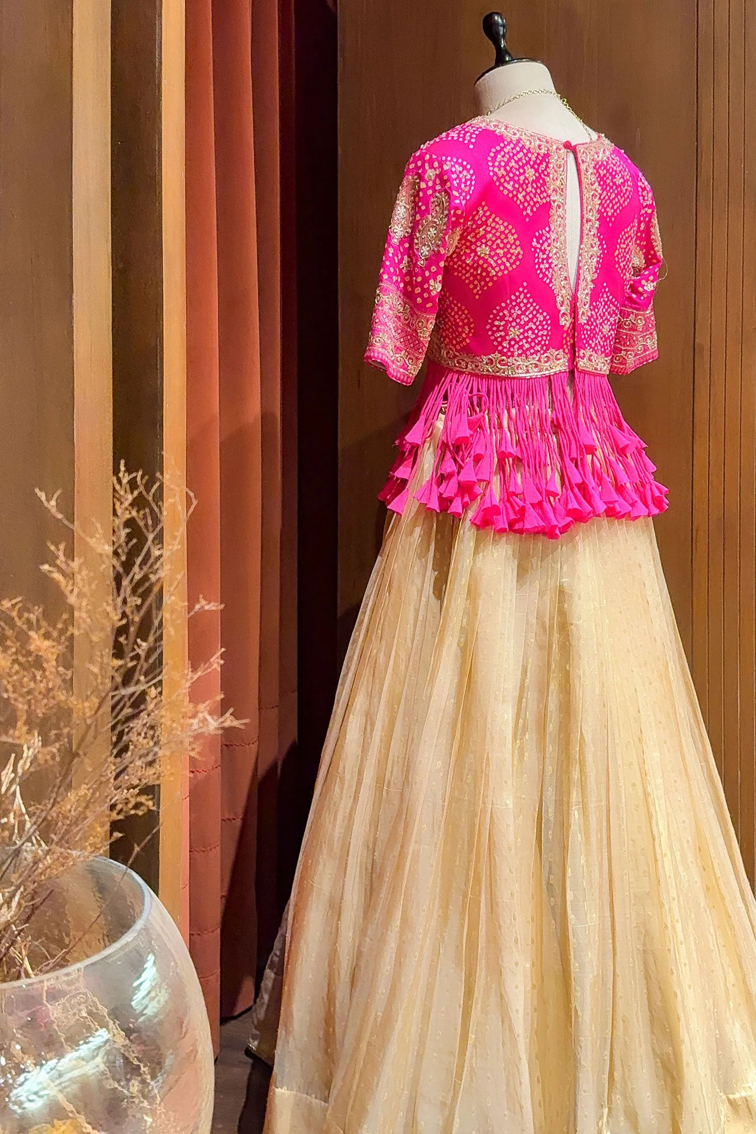 Champagne Beige Tissue Lehenga with Dramatic Tasselled Bandhej Crop Top Set - Image 4
