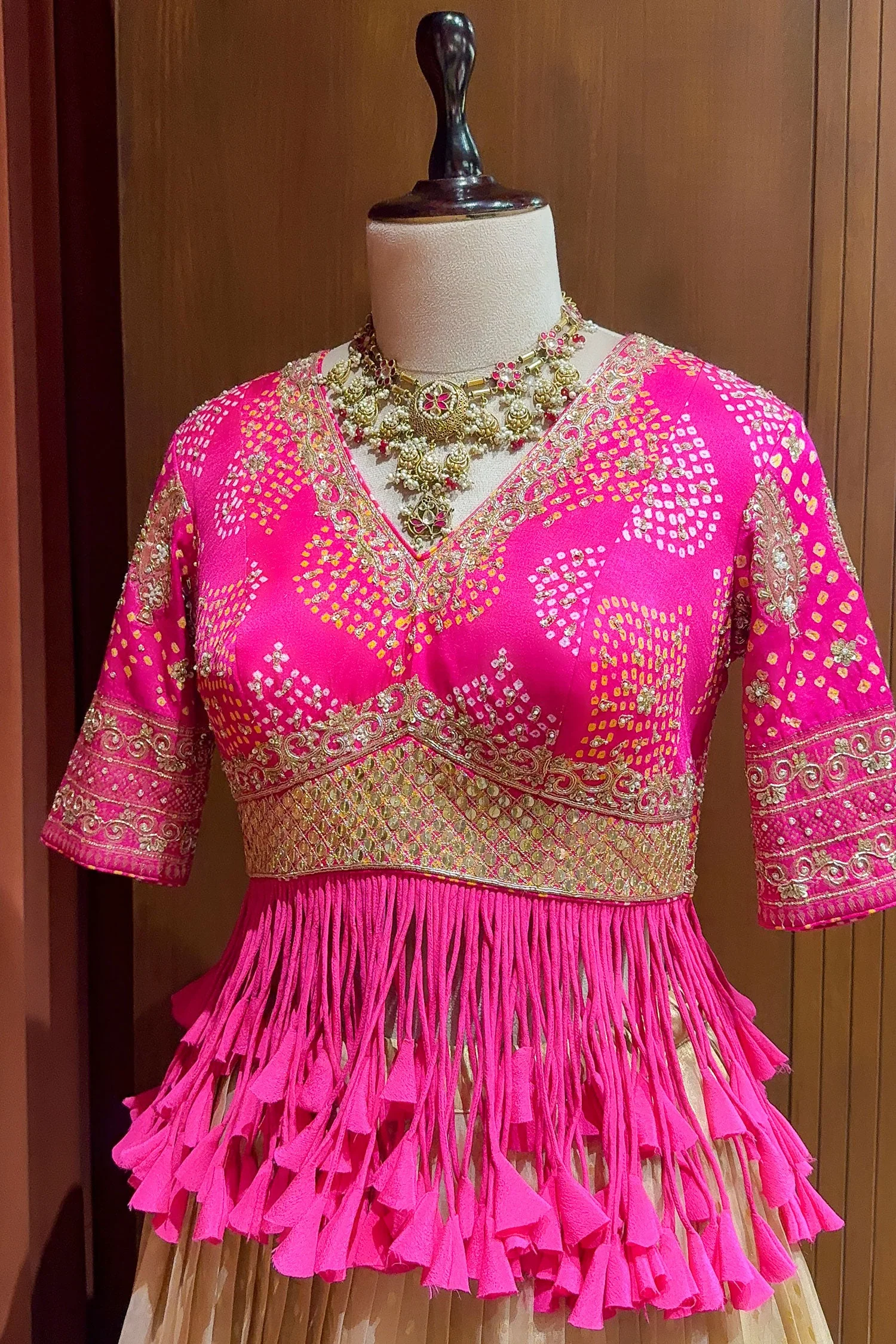 Champagne Beige Tissue Lehenga with Dramatic Tasselled Bandhej Crop Top Set - Image 5