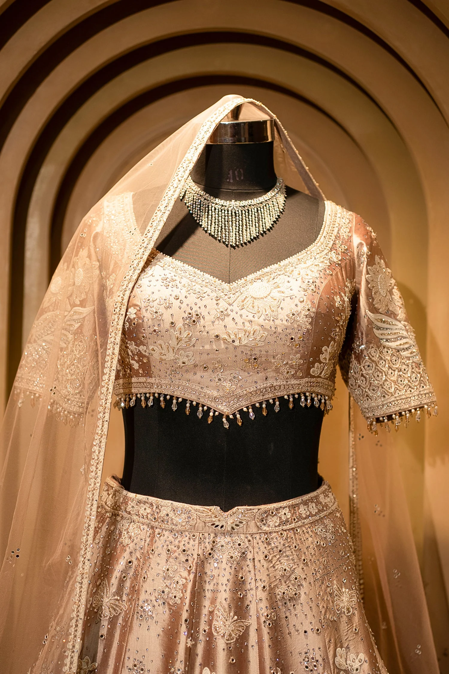 Champagne Brown Silk Couture Lehenga with Architectural Border & Intricate Dori-Mirror Fusion - Image 4