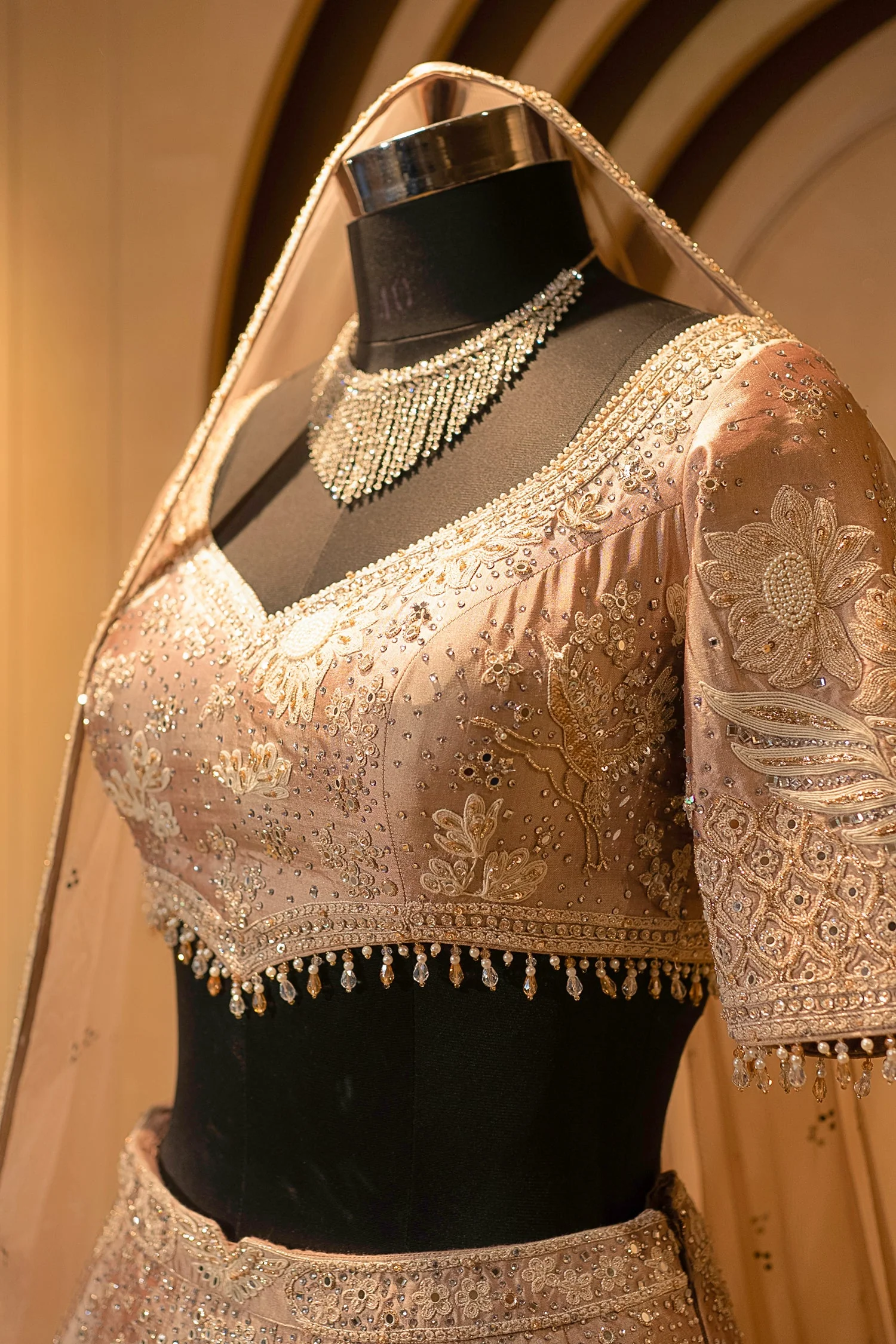 Champagne Brown Silk Couture Lehenga with Architectural Border & Intricate Dori-Mirror Fusion - Image 5