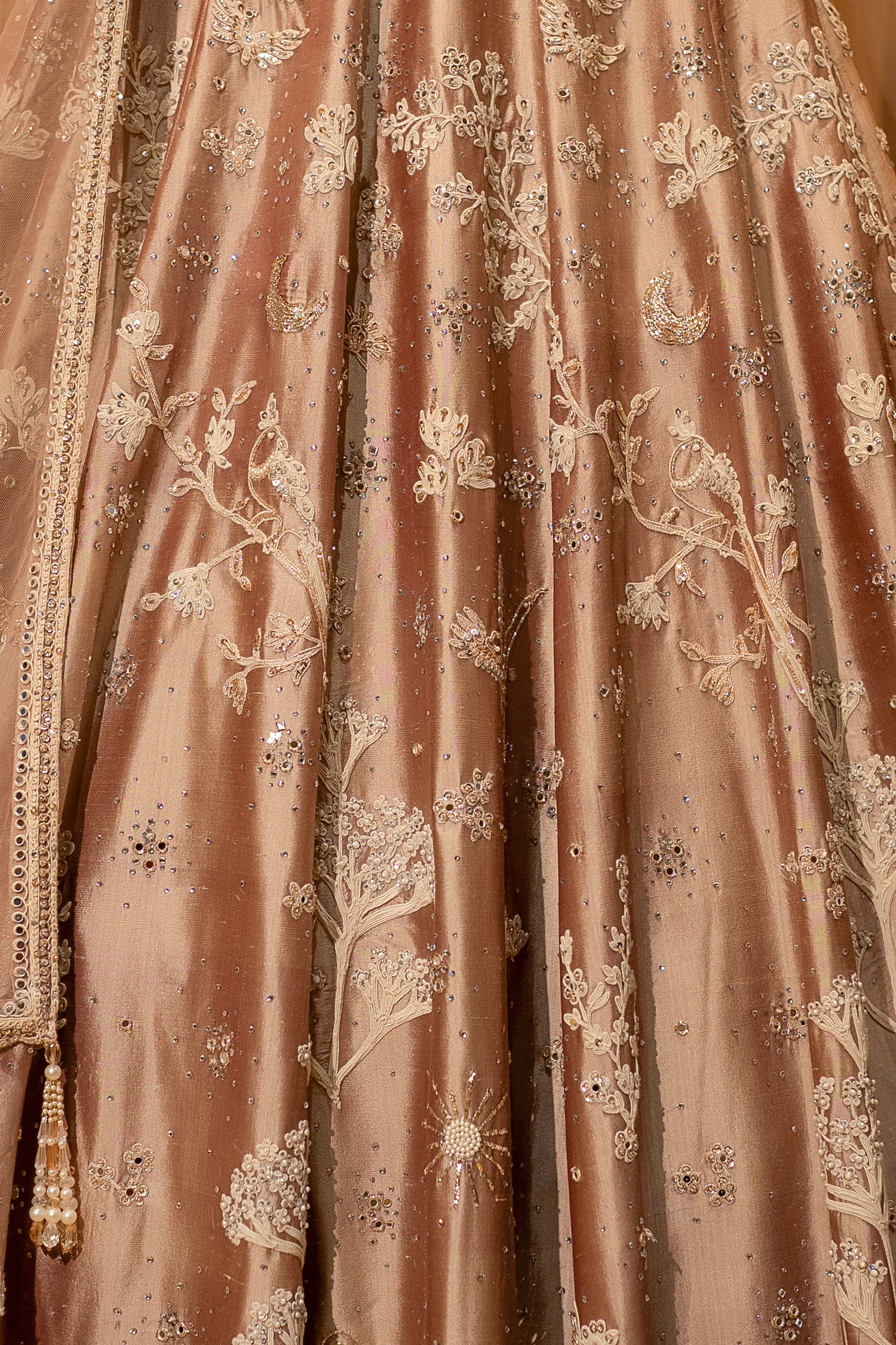 Champagne Brown Silk Couture Lehenga with Architectural Border & Intricate Dori-Mirror Fusion - Image 6