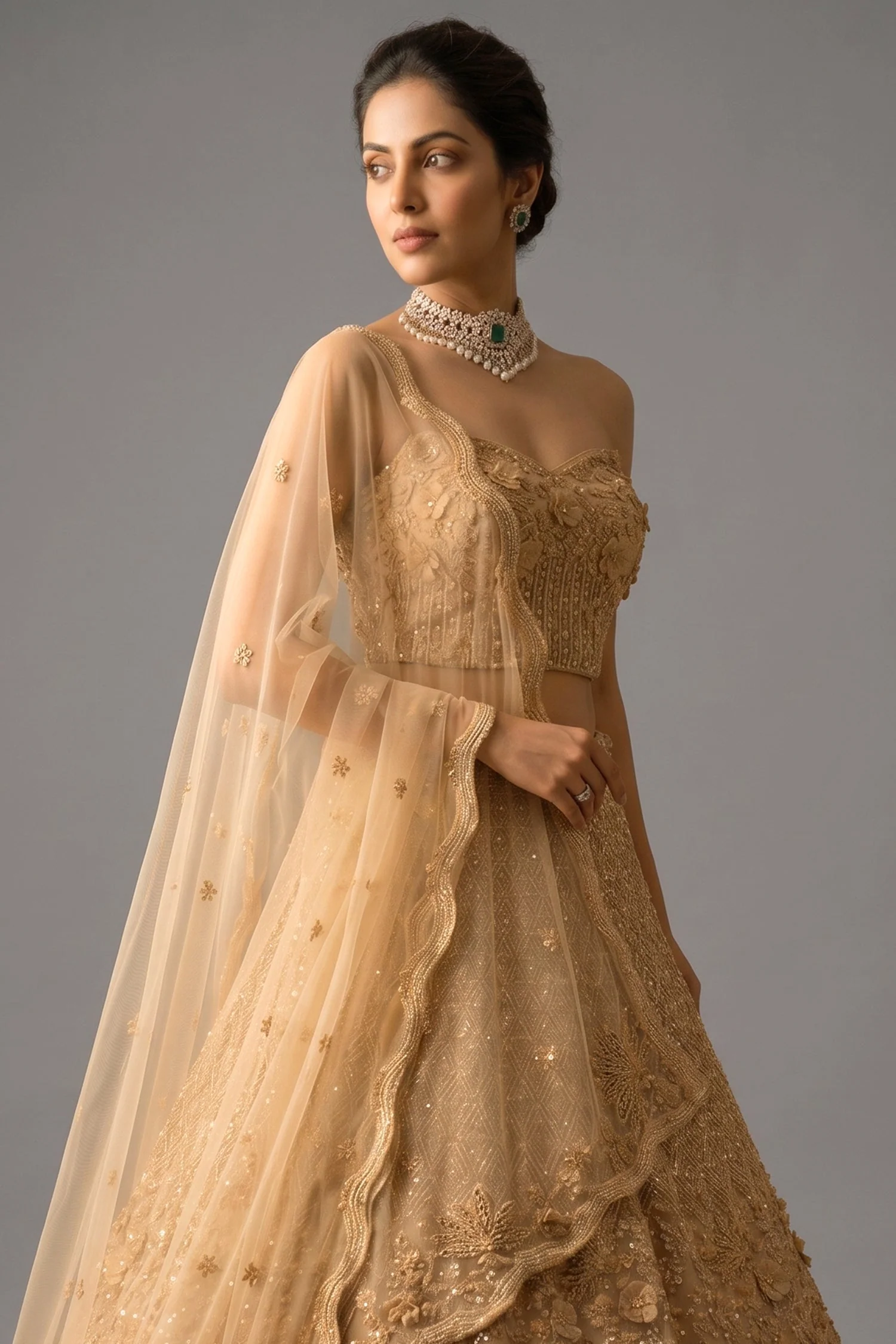 Champagne Gold Net Corset Lehenga with 3D Floral Appliqués and Architectural Cutwork - Image 2