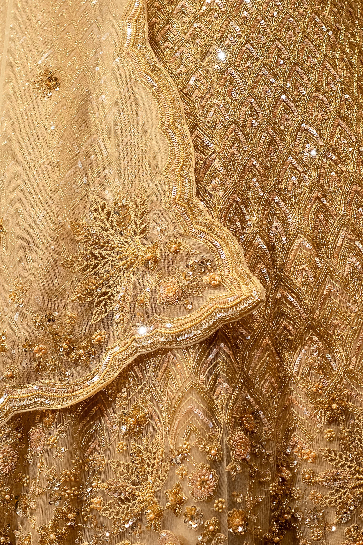 Champagne Gold Net Corset Lehenga with 3D Floral Appliqués and Architectural Cutwork - Image 5