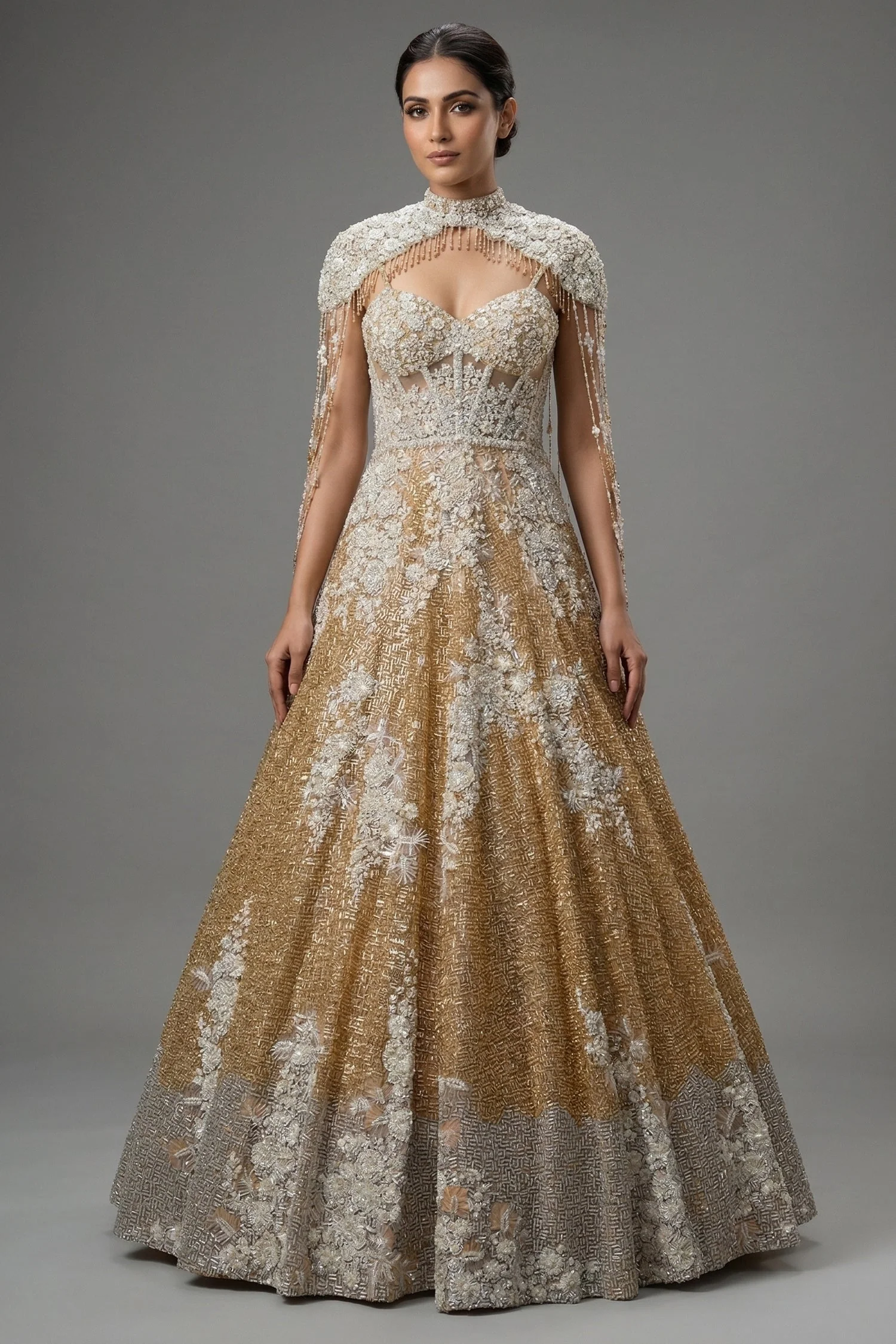 Champagne Gold Net Couture Gown with Ethereal Shoulder Capes