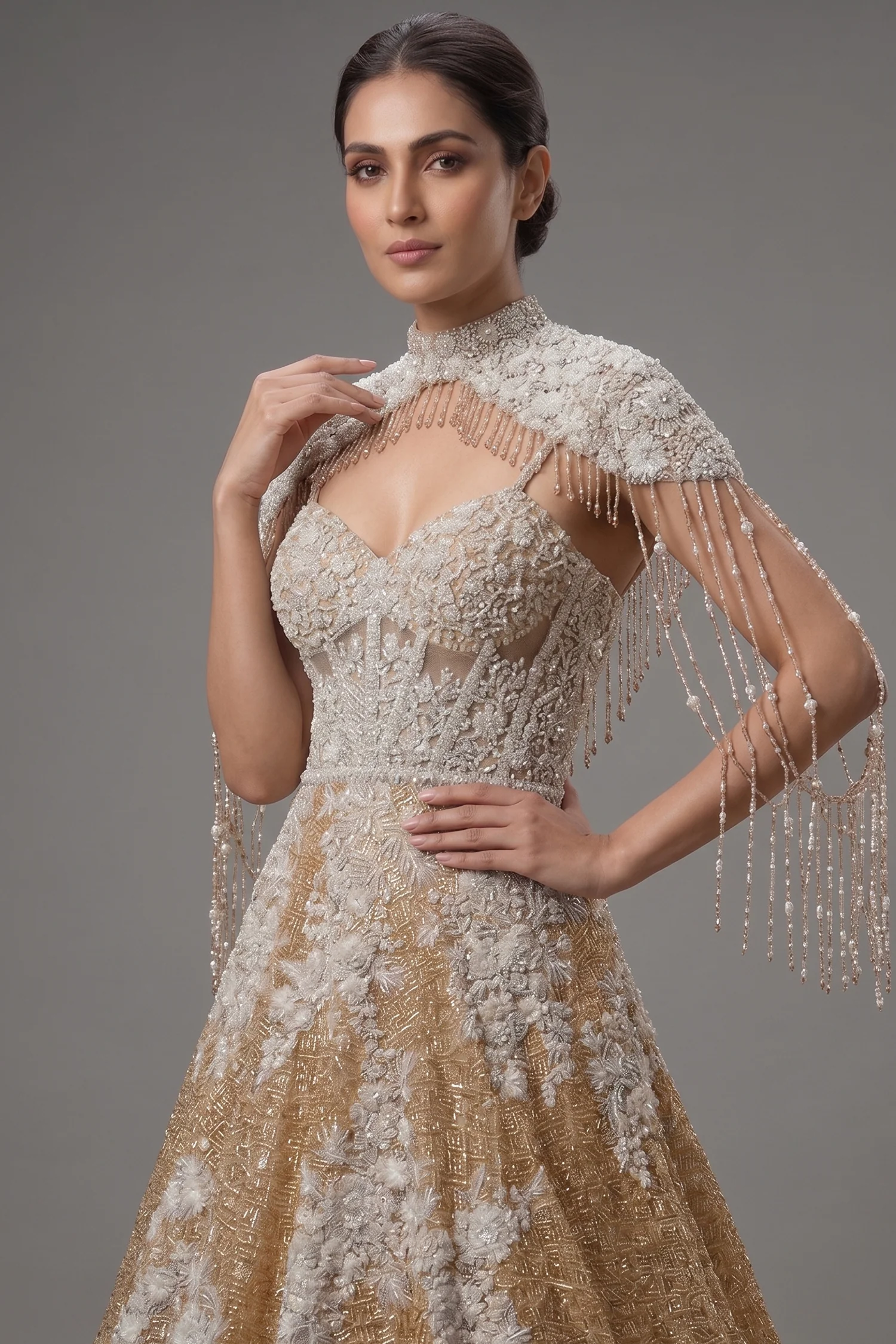Champagne Gold Net Couture Gown with Ethereal Shoulder Capes - Image 2