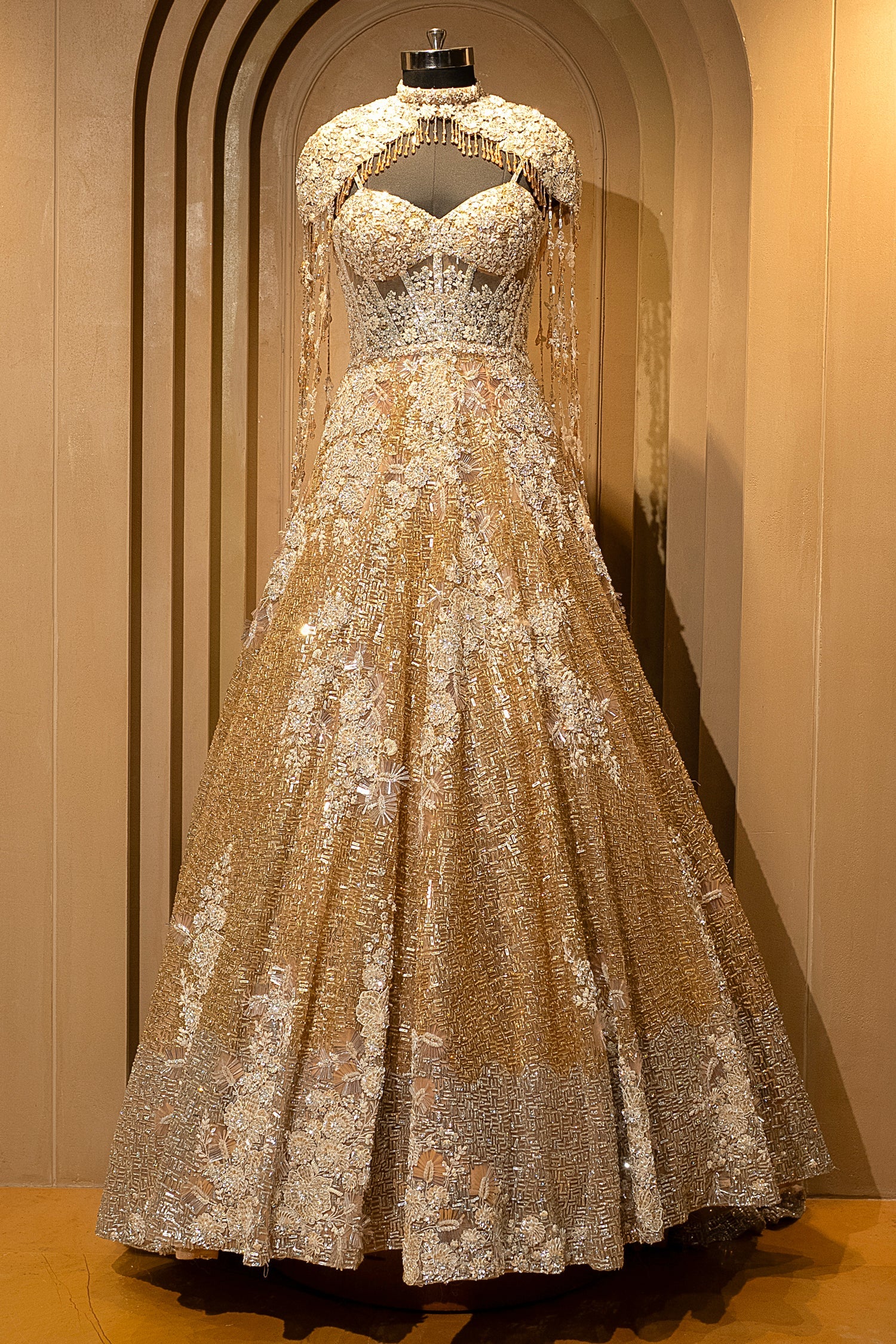 Champagne Gold Net Couture Gown with Ethereal Shoulder Capes - Image 3