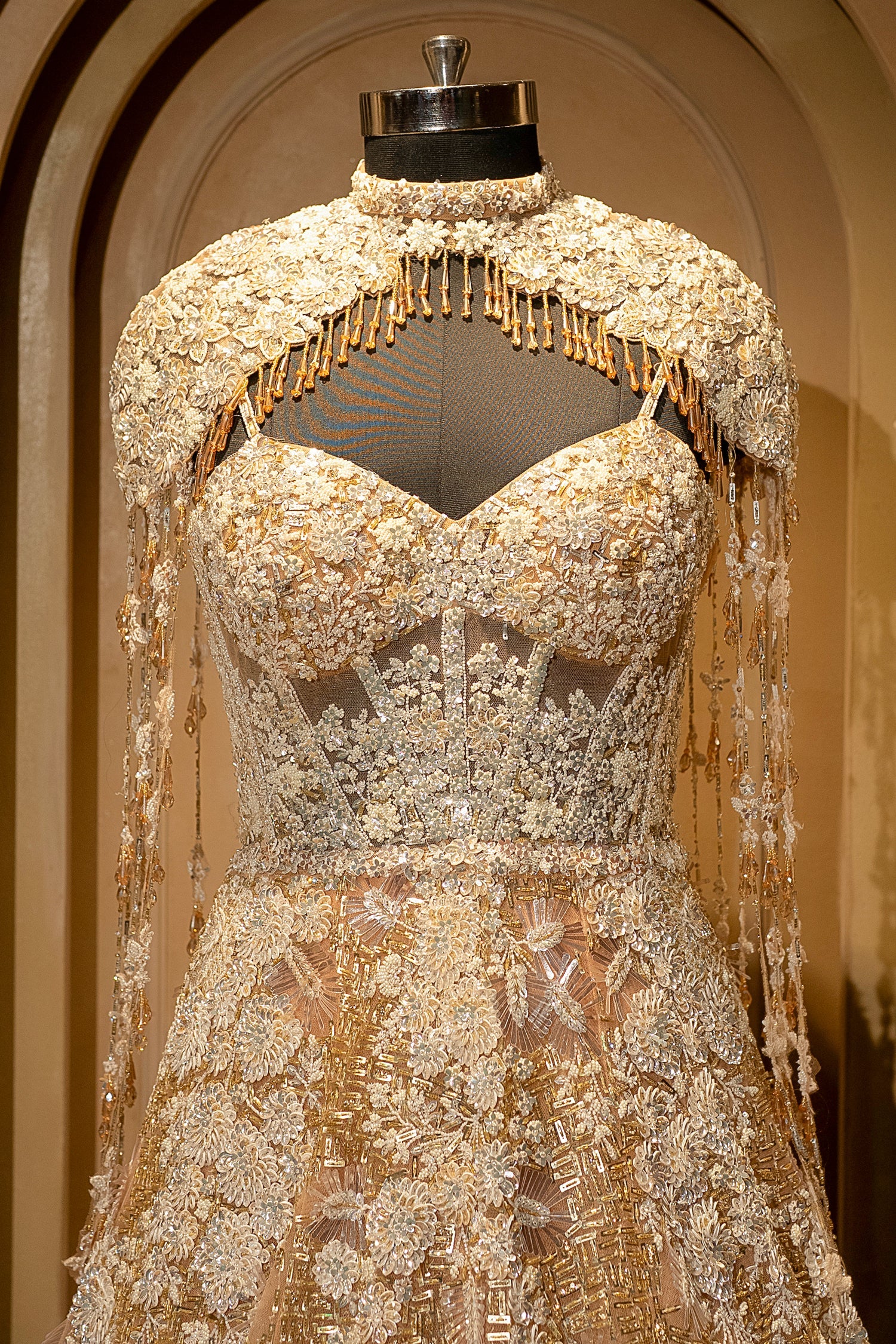 Champagne Gold Net Couture Gown with Ethereal Shoulder Capes - Image 4
