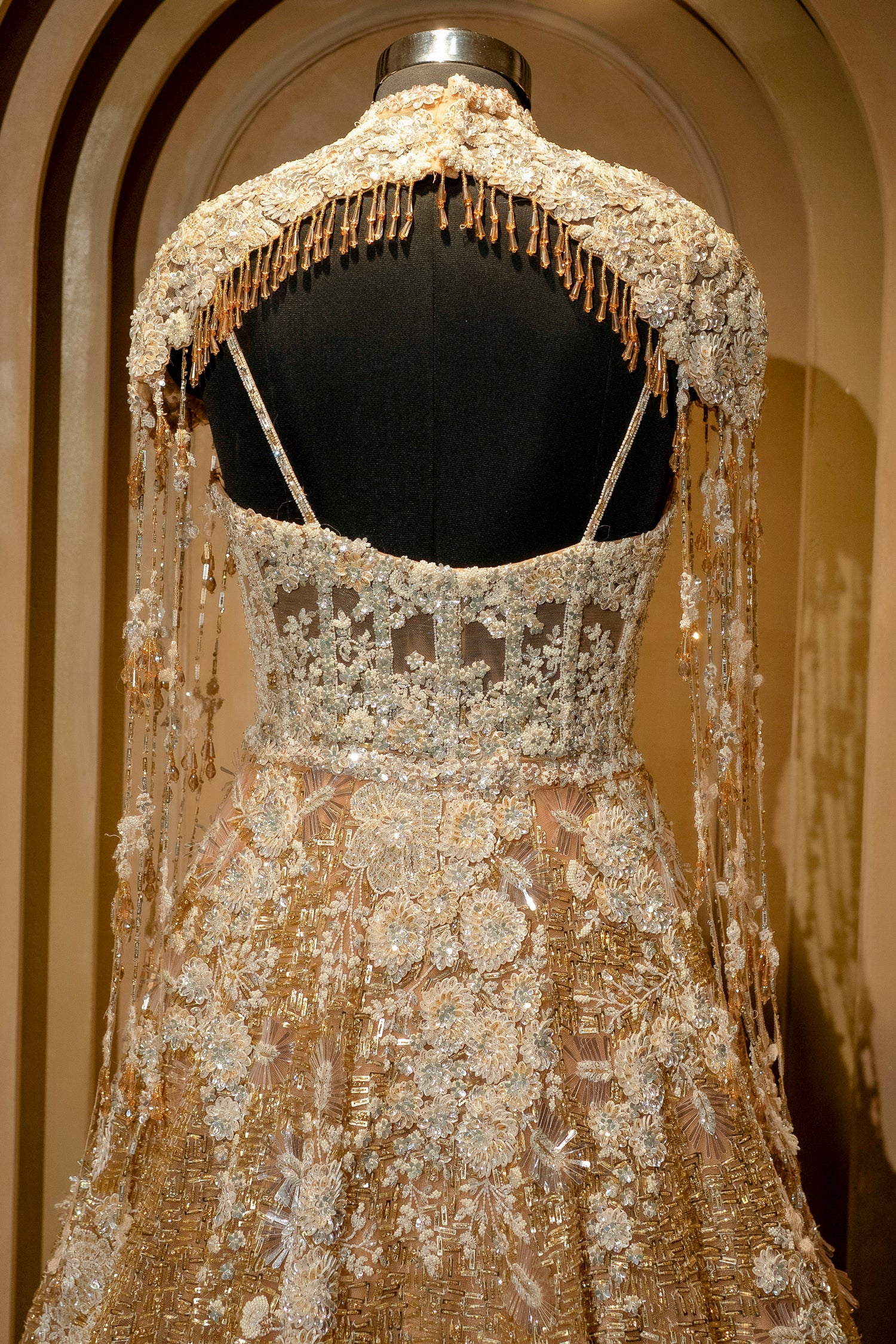 Champagne Gold Net Couture Gown with Ethereal Shoulder Capes - Image 5