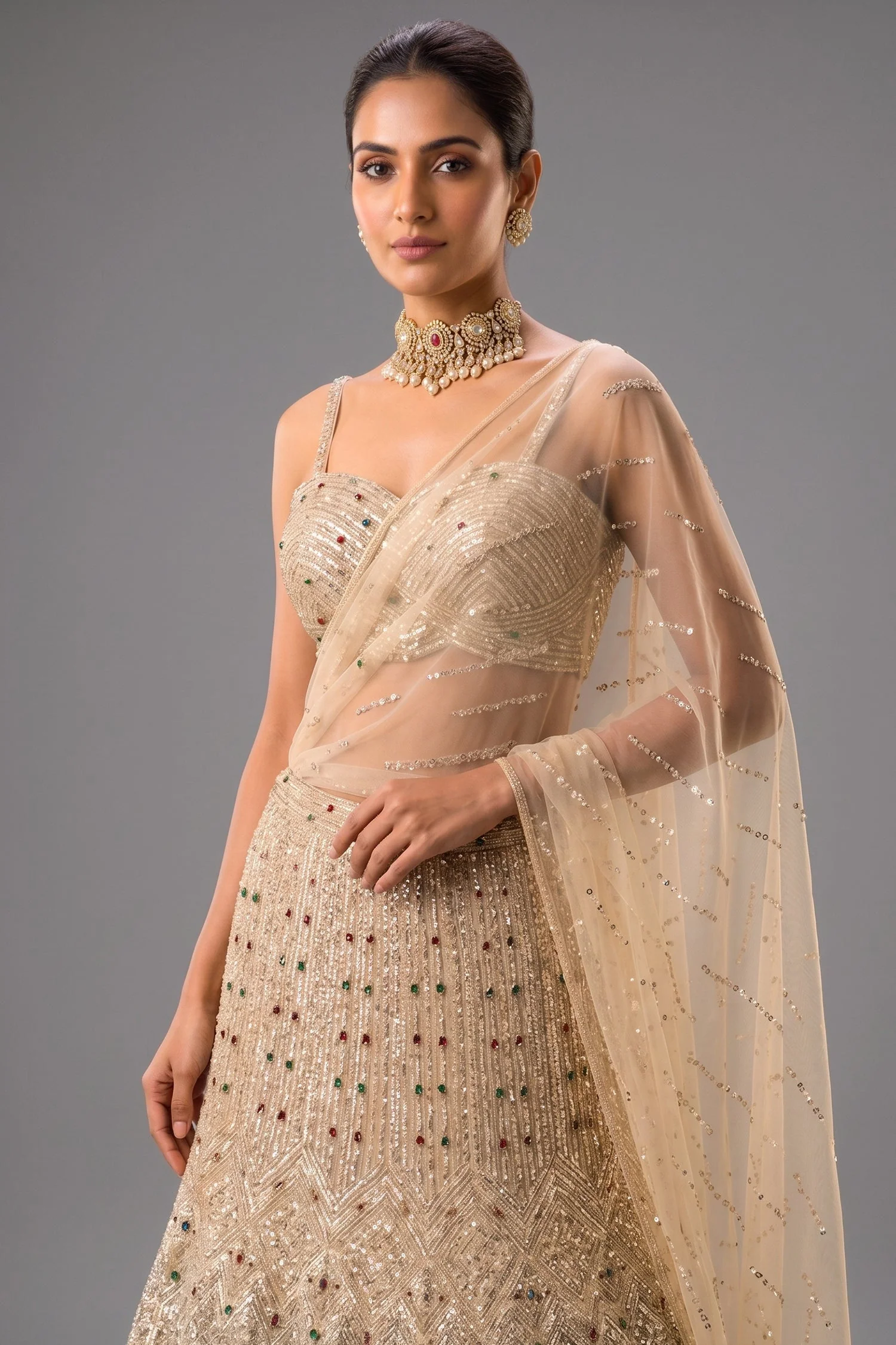 Champagne Gold Net Mermaid Lehenga with Attached Cape-Style Dupatta & Intricate Cutdana Work - Image 2