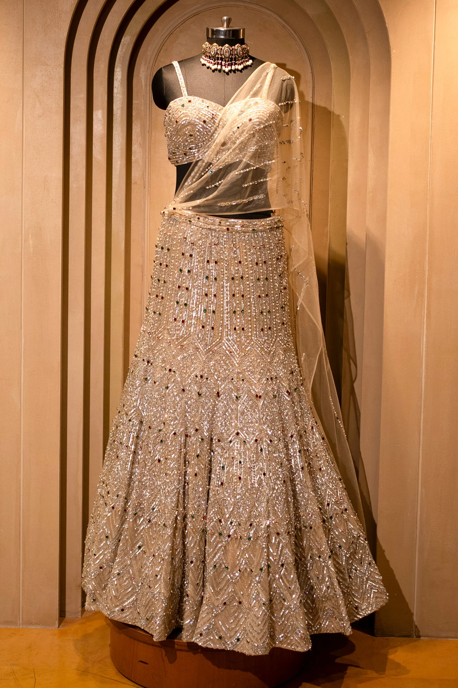 Champagne Gold Net Mermaid Lehenga with Attached Cape-Style Dupatta & Intricate Cutdana Work - Image 3