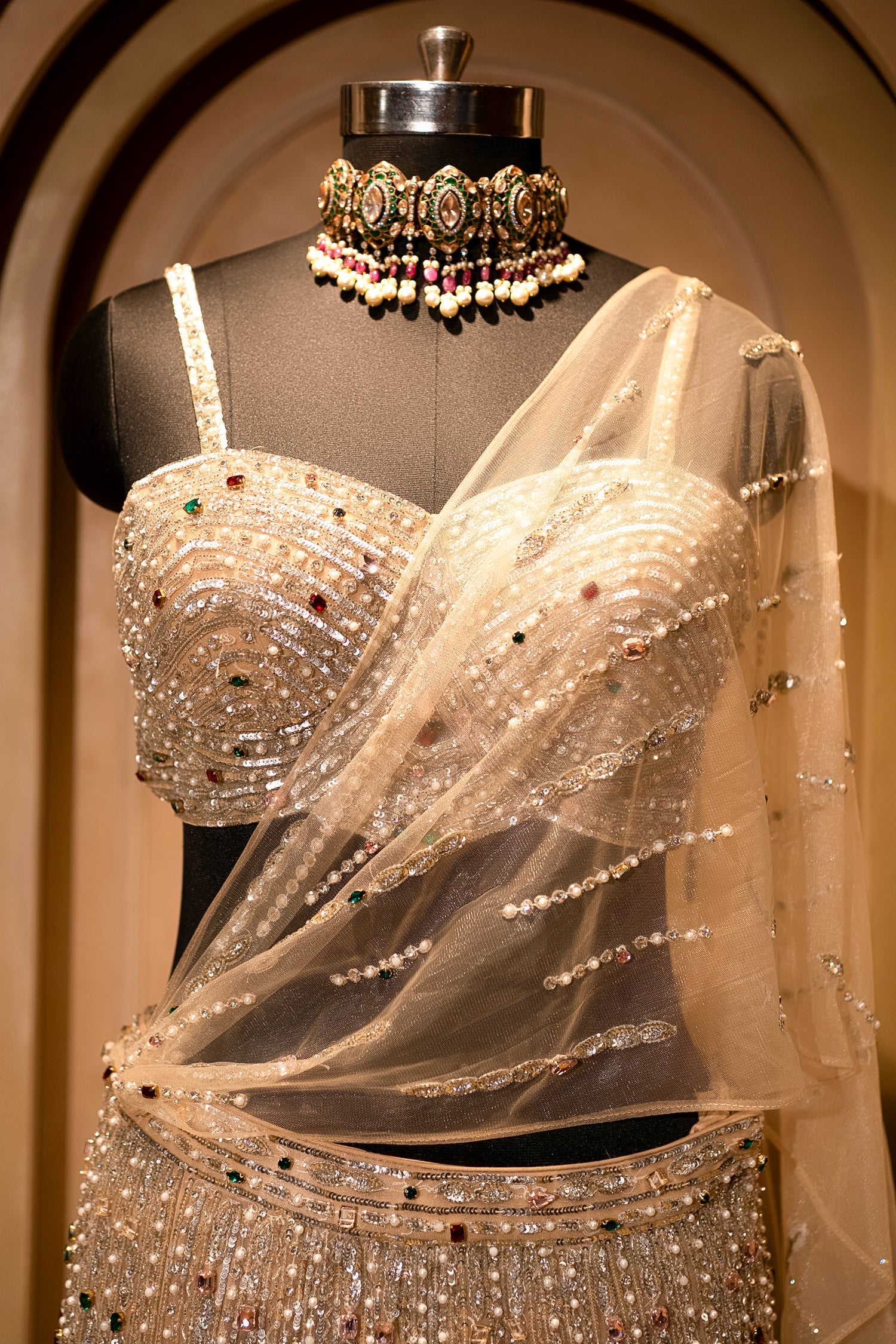 Champagne Gold Net Mermaid Lehenga with Attached Cape-Style Dupatta & Intricate Cutdana Work - Image 4