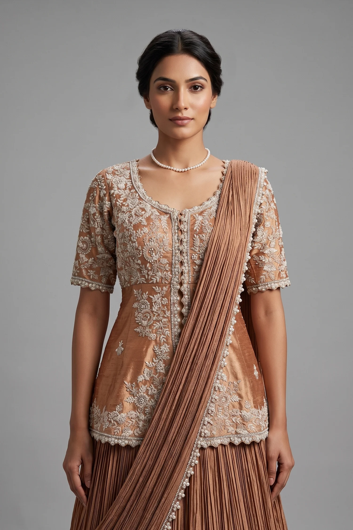 Chocolate Brown Crush Silk Lehenga with Sequin Cutdana Slit Top and Attached Dupatta - Image 2