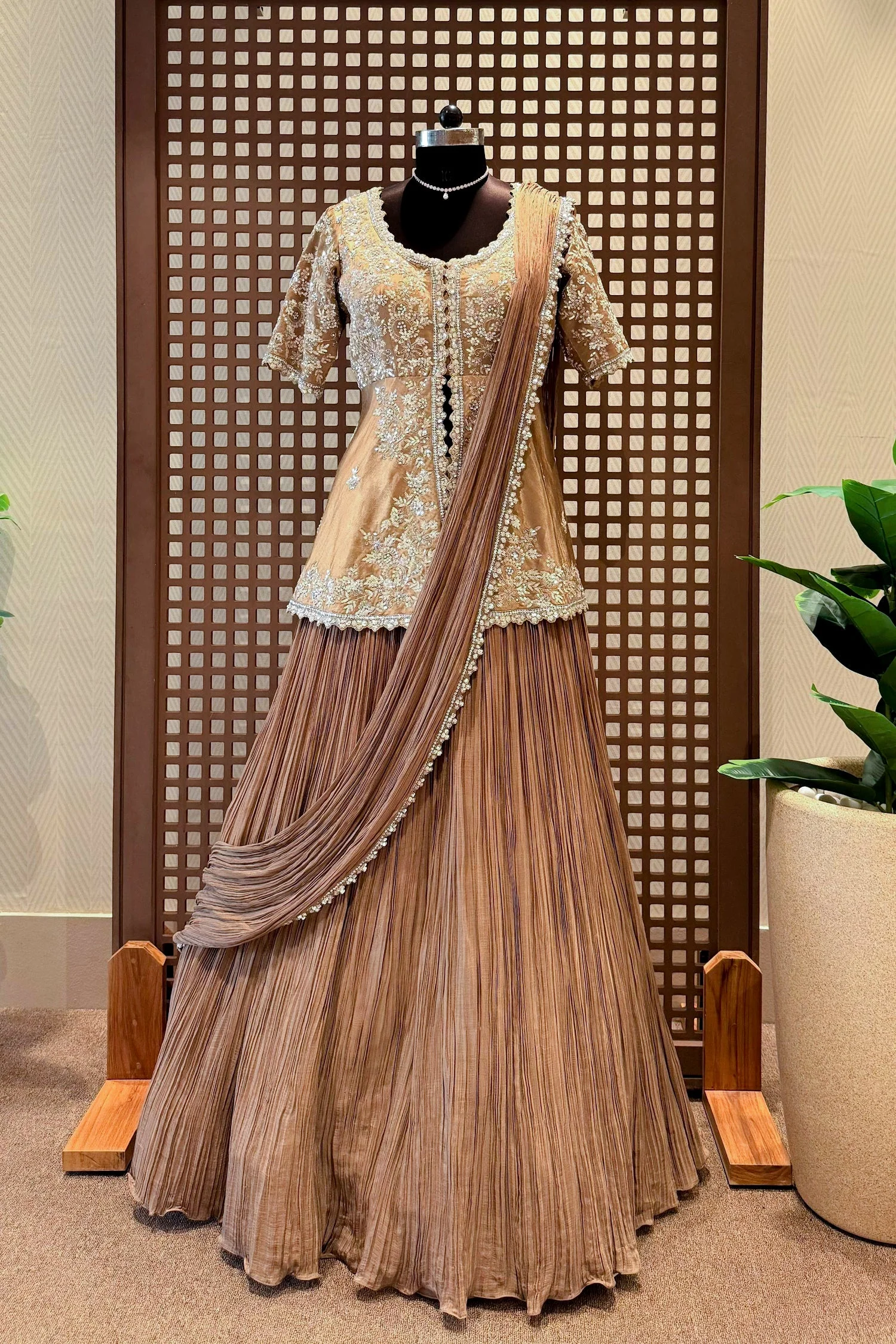 Chocolate Brown Crush Silk Lehenga with Sequin Cutdana Slit Top and Attached Dupatta - Image 3