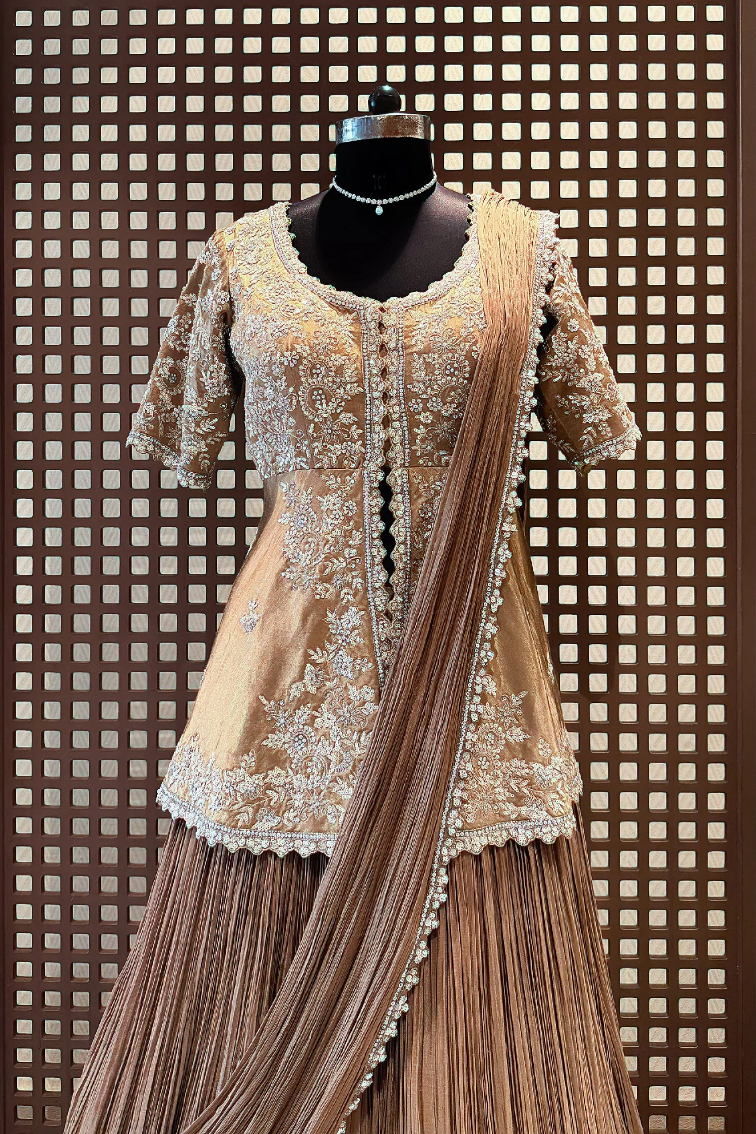 Chocolate Brown Crush Silk Lehenga with Sequin Cutdana Slit Top and Attached Dupatta - Image 4