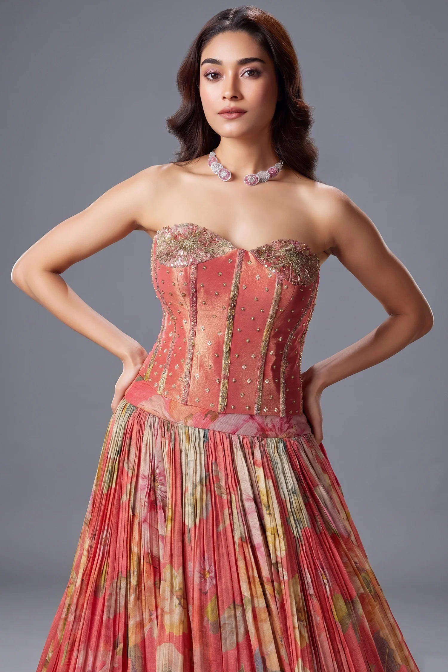 Coral Peach Georgette Floral Printed Flared Lehenga with Handworked Off Shoulder Corset Blouse - Image 2
