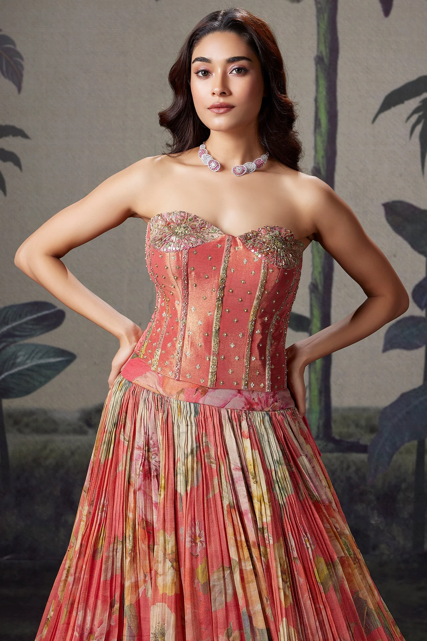 Coral Peach Georgette Floral Printed Flared Lehenga with Handworked Off Shoulder Corset Blouse - Image 4
