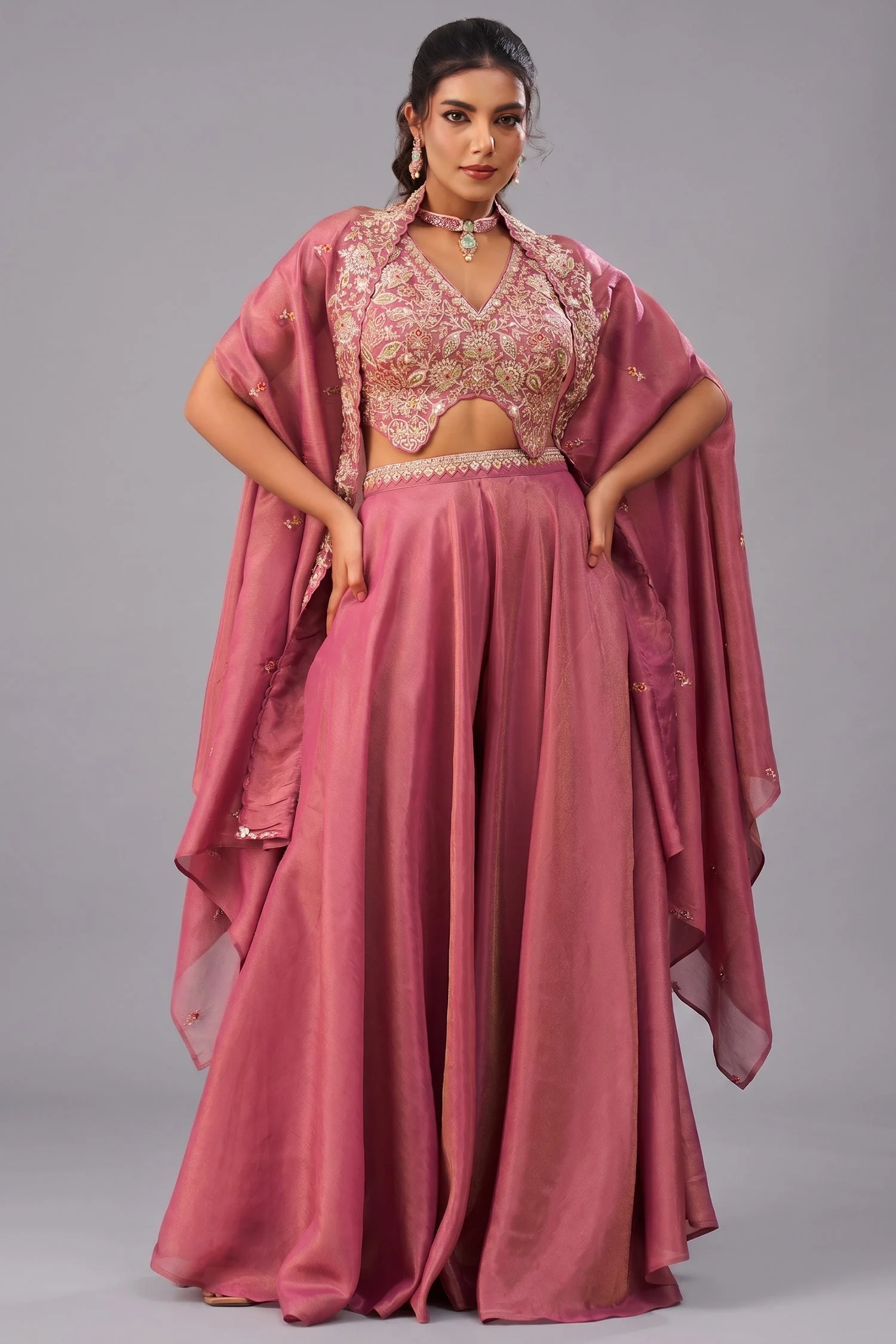 Coral Pink Crepe Beads Embroidered Crop Top with Cape and Flared Palazzo Set