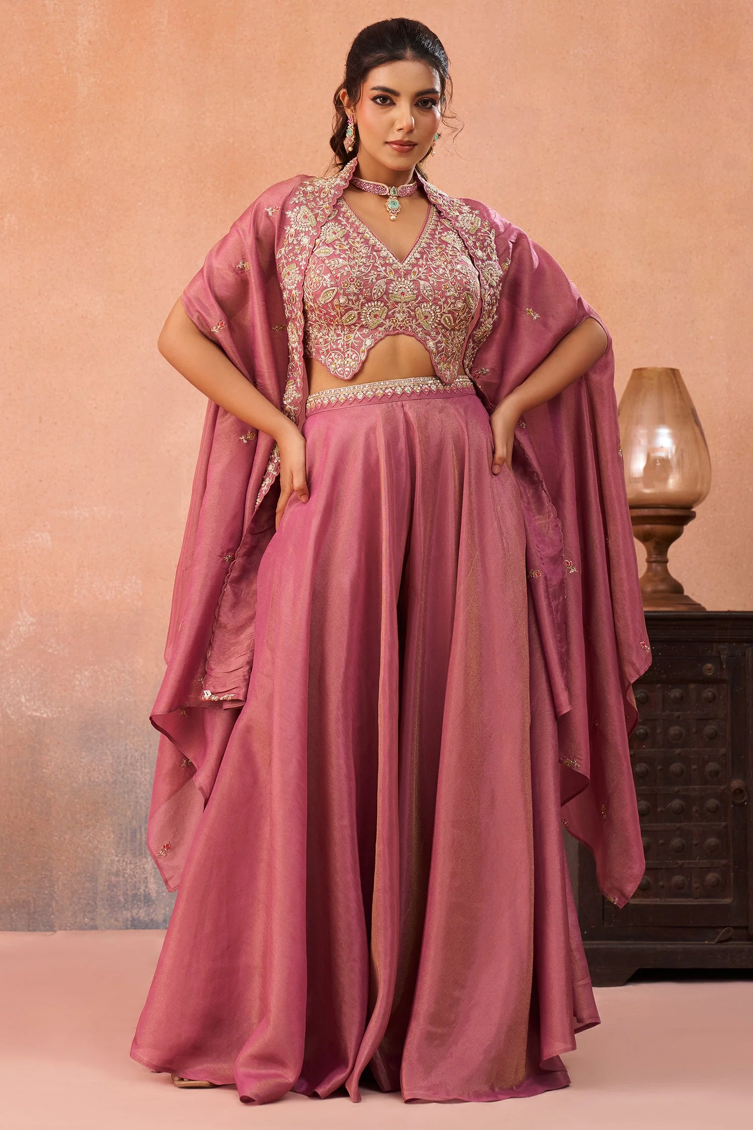 Coral Pink Crepe Beads Embroidered Crop Top with Cape and Flared Palazzo Set - Image 4