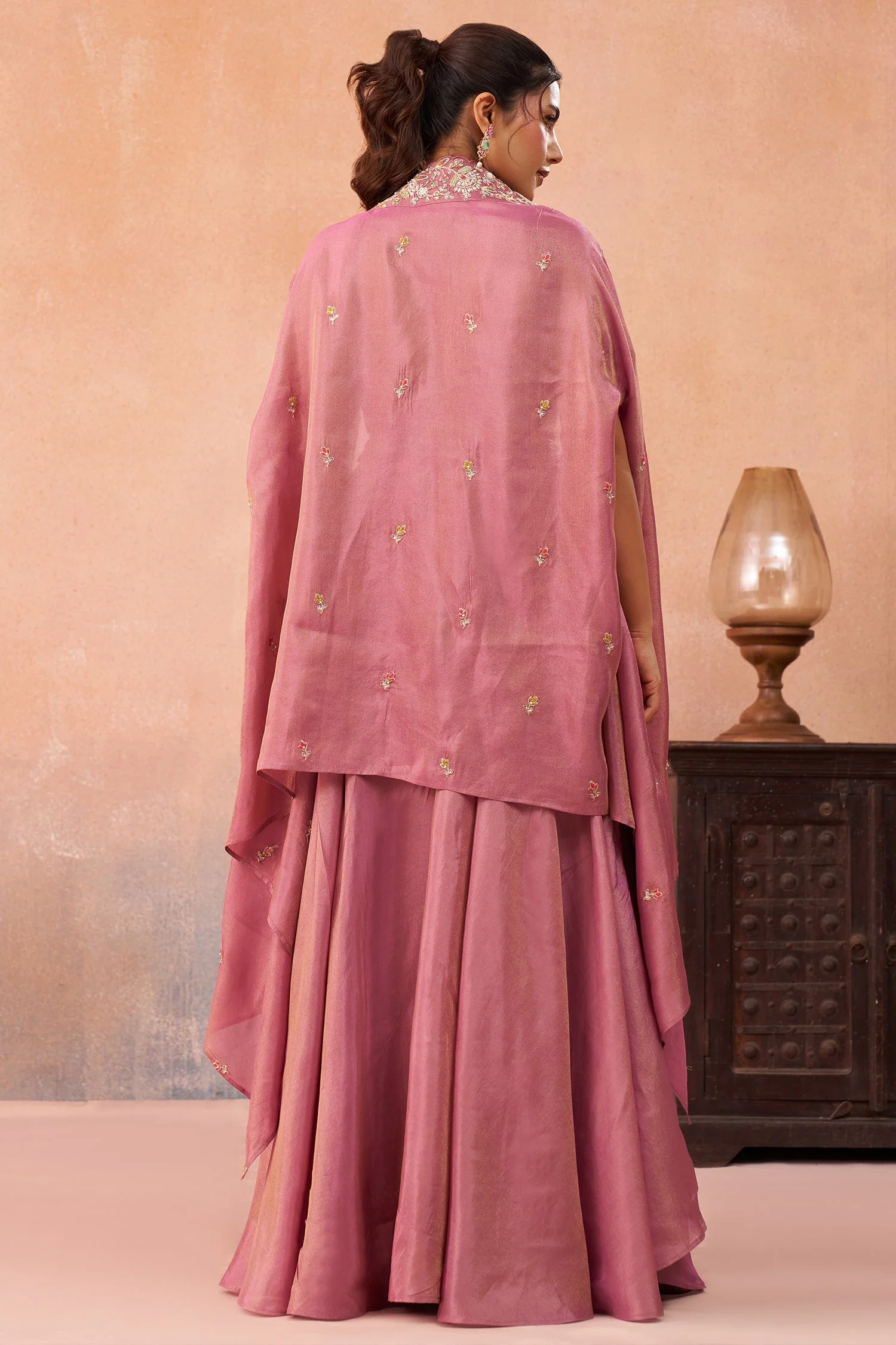 Coral Pink Crepe Beads Embroidered Crop Top with Cape and Flared Palazzo Set - Image 6