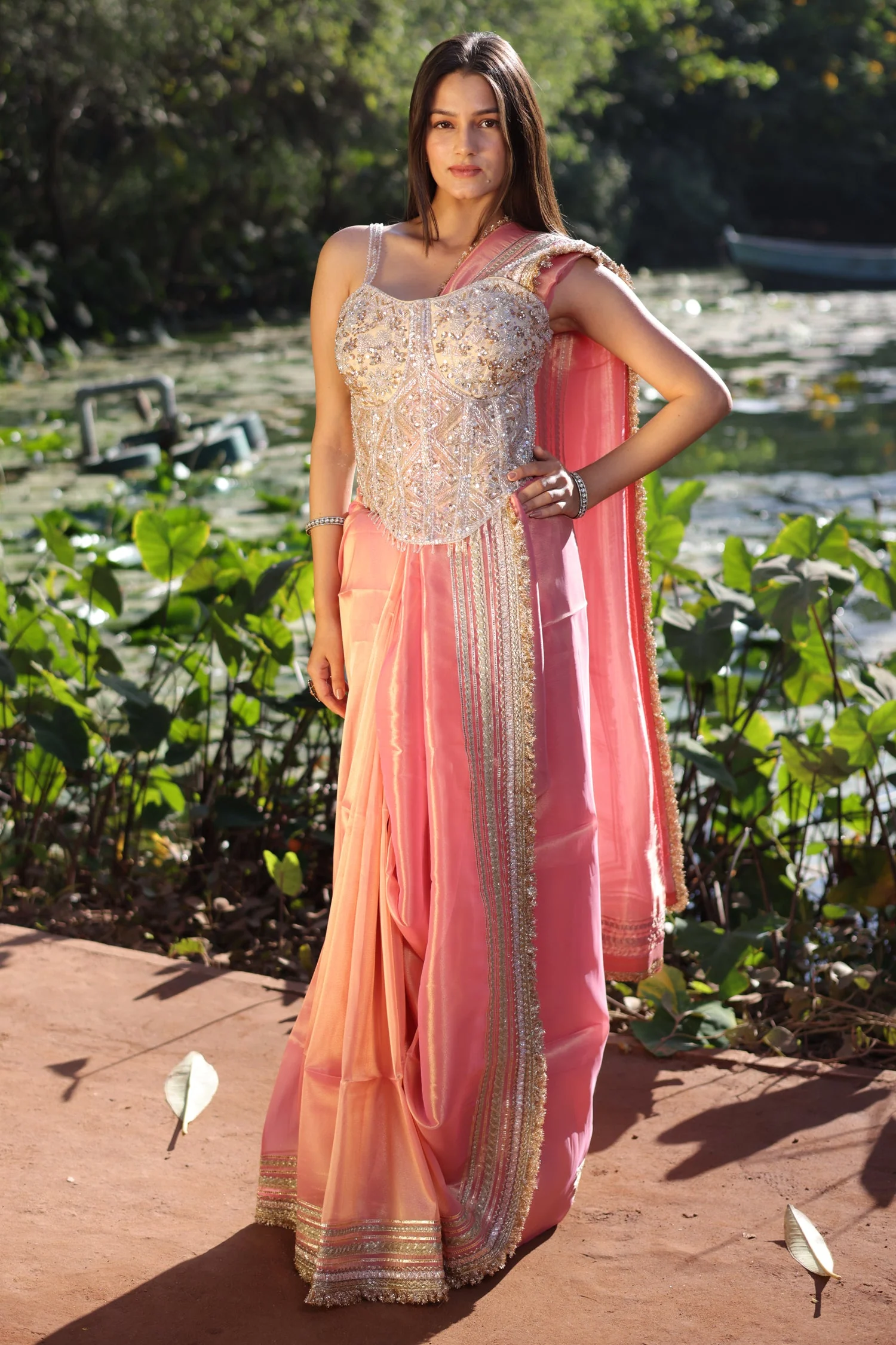 Coral Pink Organza Saree with Kiran Lace Border - Image 3