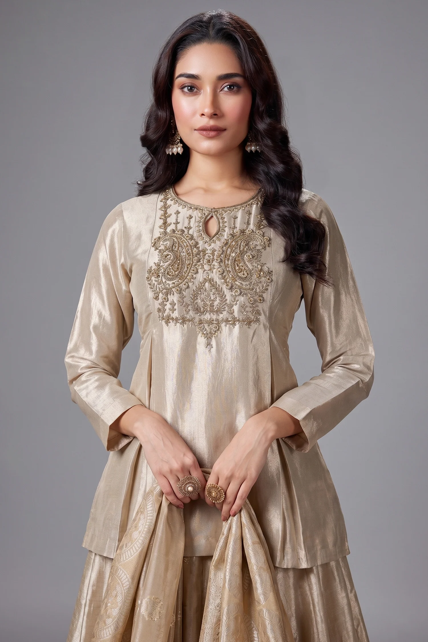 Cream and Golden Ombre Organza Floral Zari Woven Lehenga with Long Zardosi Worked Top - Image 2